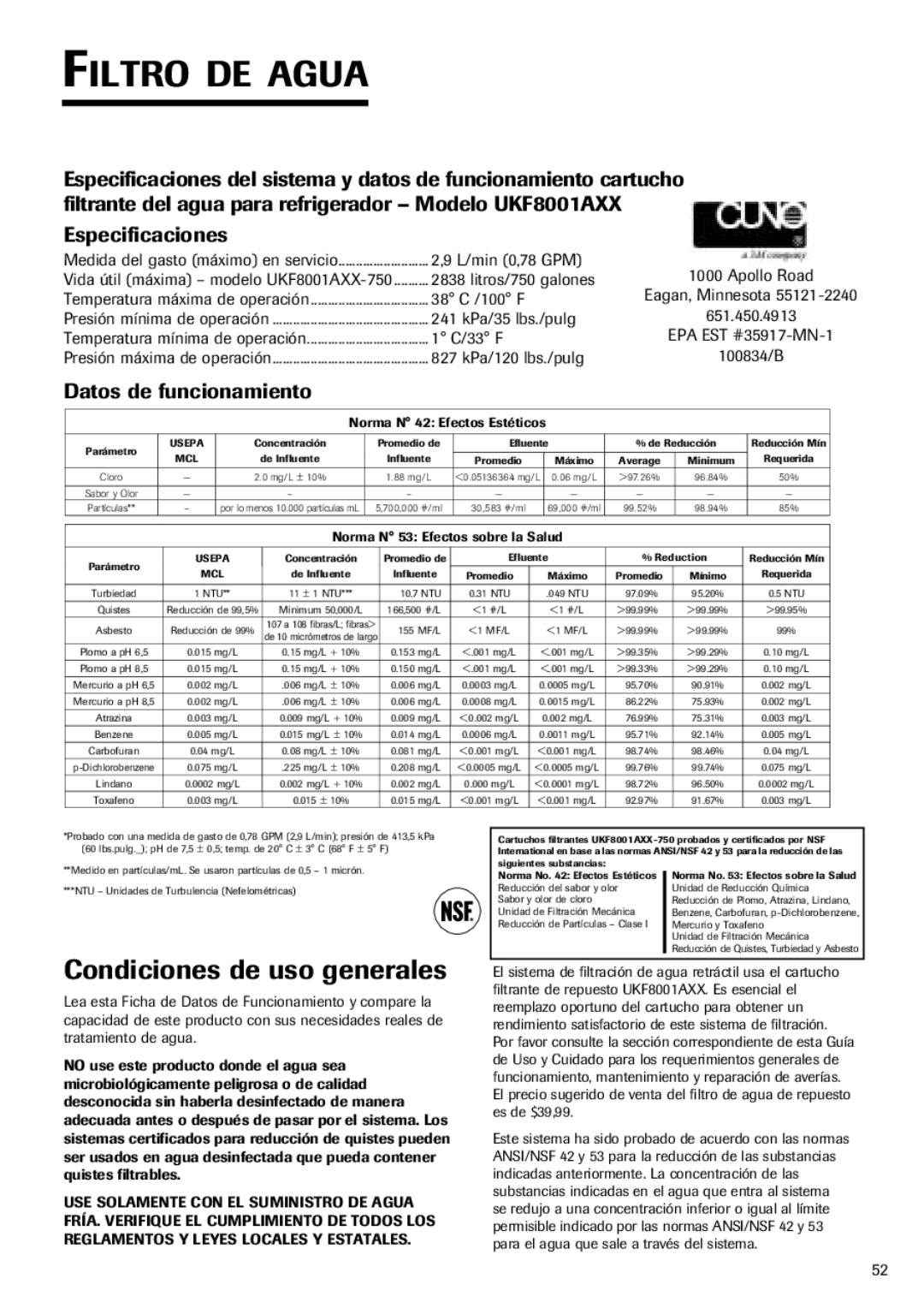 Fisher & Paykel RX256DT7X1 installation instructions Filtro DE Agua, Condiciones de uso generales, Datos de funcionamiento 