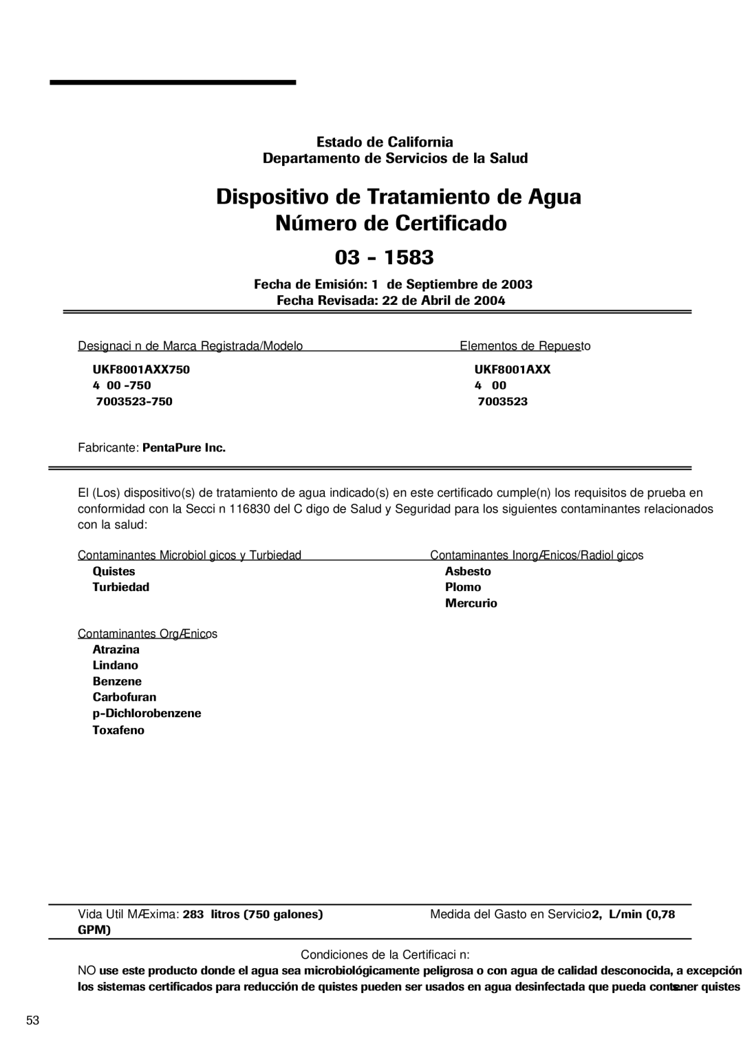 Fisher & Paykel RX256DT7X1 installation instructions Dispositivo de Tratamiento de Agua Número de Certificado 