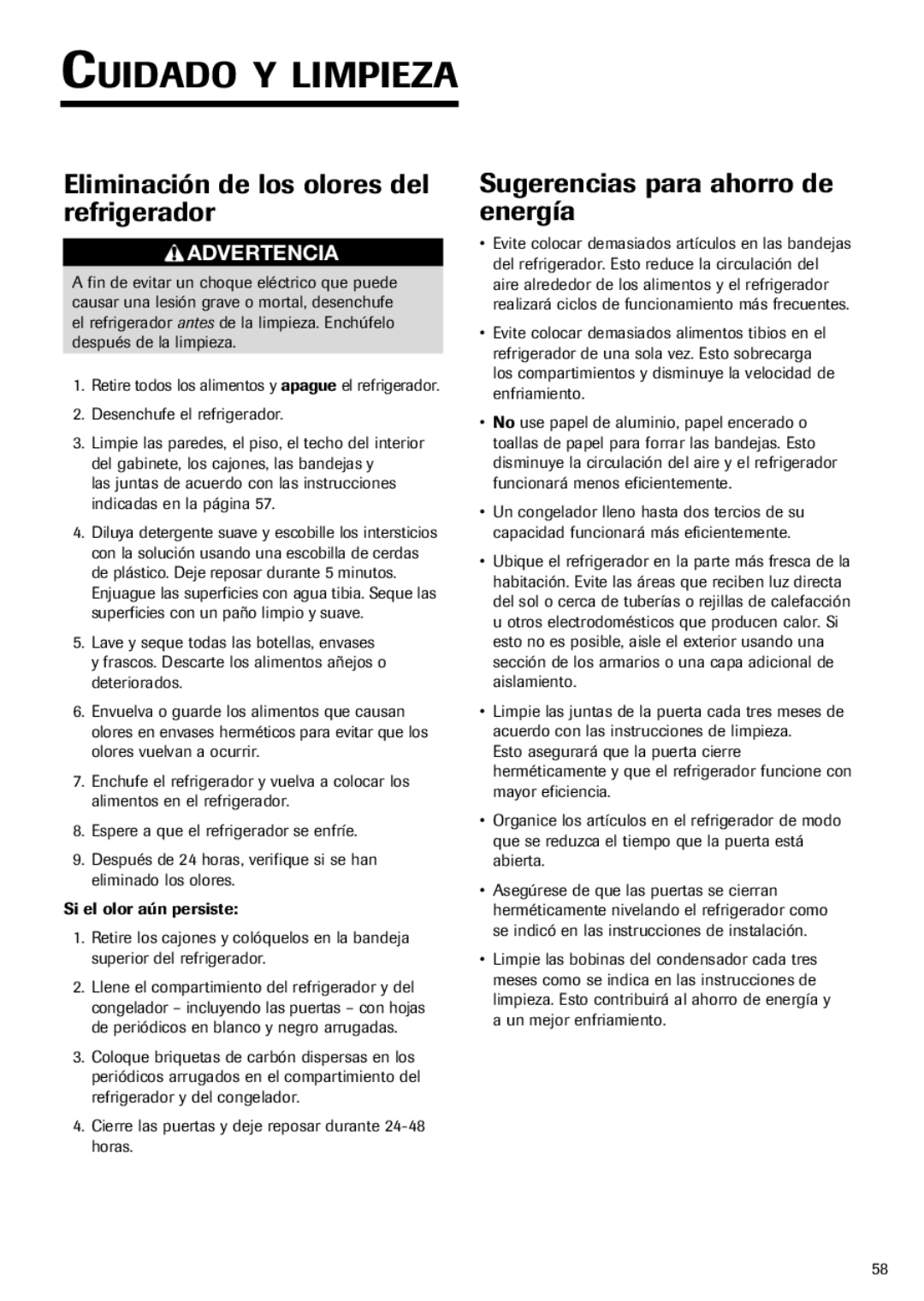 Fisher & Paykel RX256DT7X1 Eliminación de los olores del refrigerador, Sugerencias para ahorro de energía 