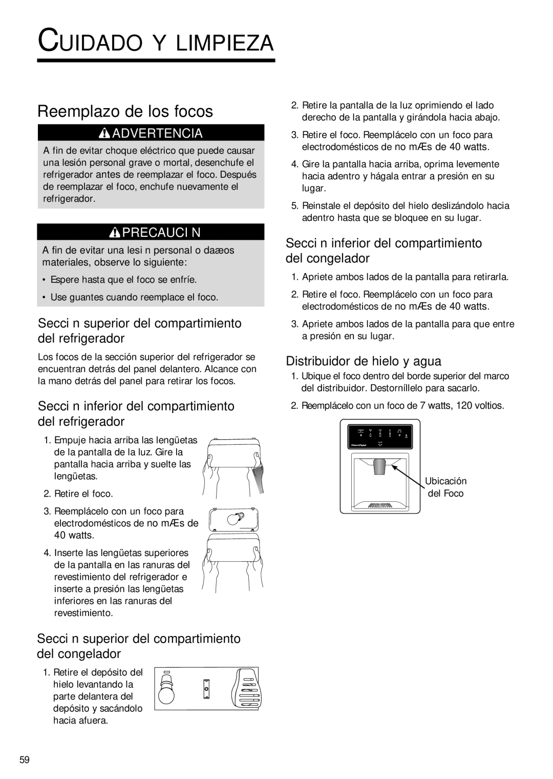 Fisher & Paykel RX256DT7X1 installation instructions Reemplazo de los focos 