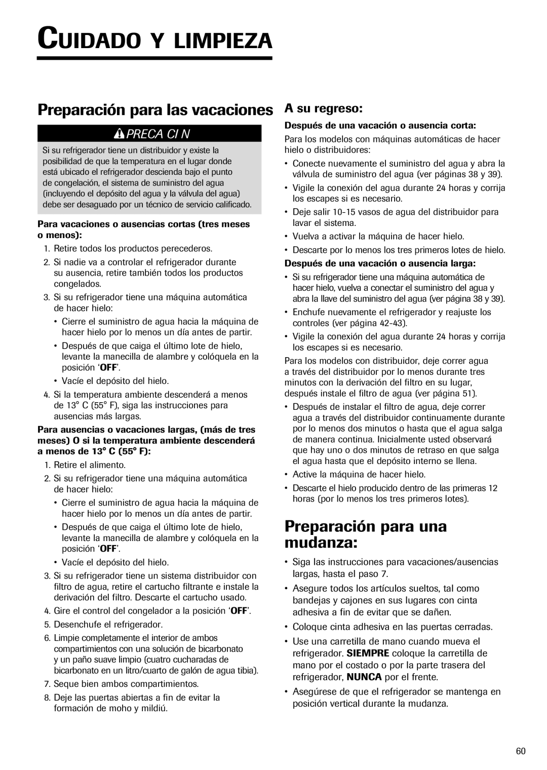 Fisher & Paykel RX256DT7X1 Preparación para las vacaciones, Preparación para una mudanza, Su regreso 