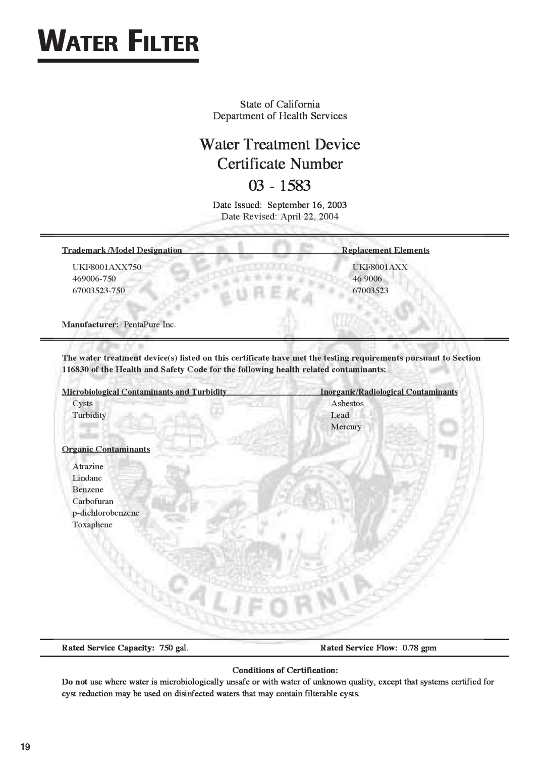 Fisher & Paykel RX256DT7X1 Water Treatment Device, Certificate Number, State of California Department of Health Services 