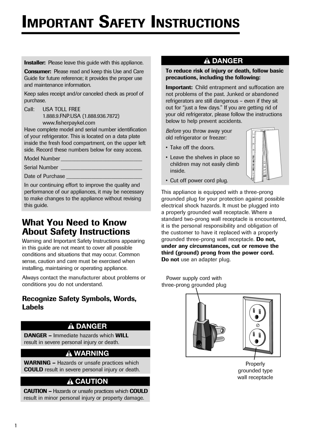 Fisher & Paykel RX256DT7X1 Important Safety Instructions, What You Need to Know About Safety Instructions, Danger 