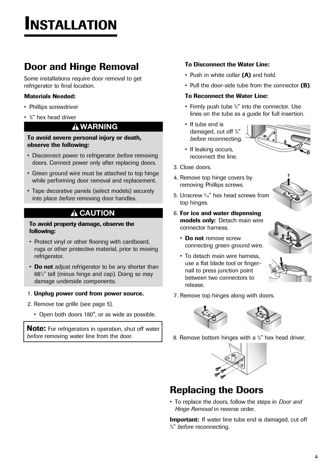 Fisher & Paykel RX256DT7X1 installation instructions Door and Hinge Removal, Replacing the Doors, Installation 