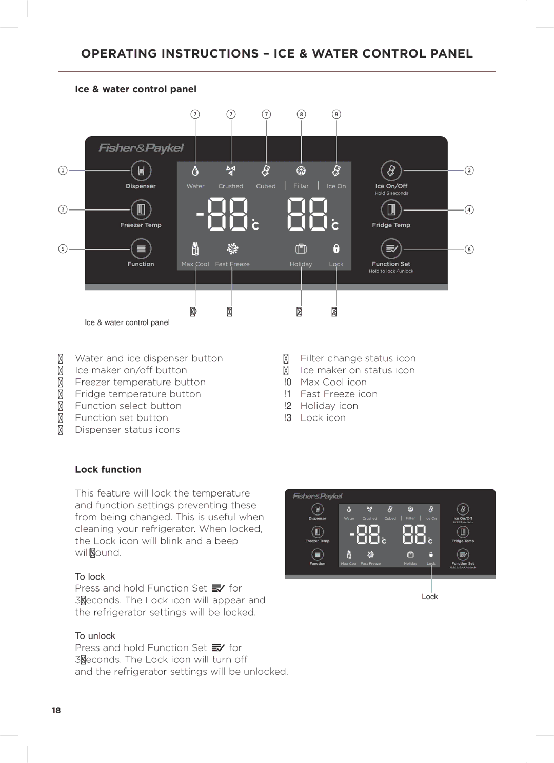 Fisher & Paykel RX628DW Operating instructions Ice & Water Control panel, Ice & water control panel 7 8, Lock function 