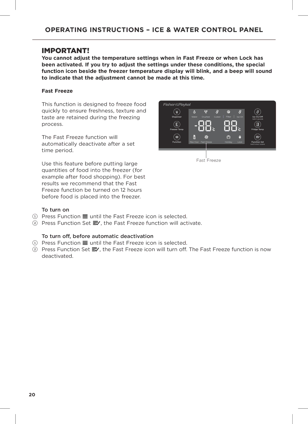 Fisher & Paykel RX611DUX, RX628DX, RX628DW installation instructions Fast Freeze 