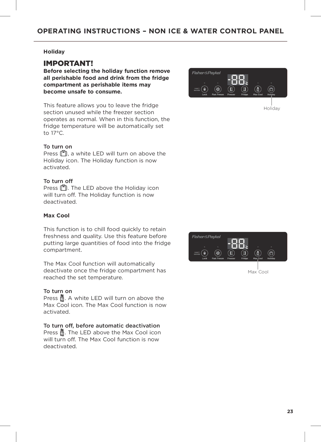 Fisher & Paykel RX611DUX, RX628DX, RX628DW installation instructions Holiday Max Cool 