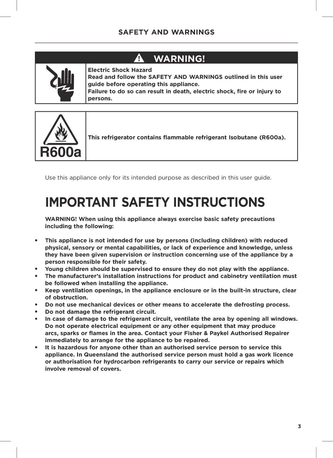 Fisher & Paykel RX628DW, RX628DX, RX611DUX installation instructions R600a, Safety and warnings 