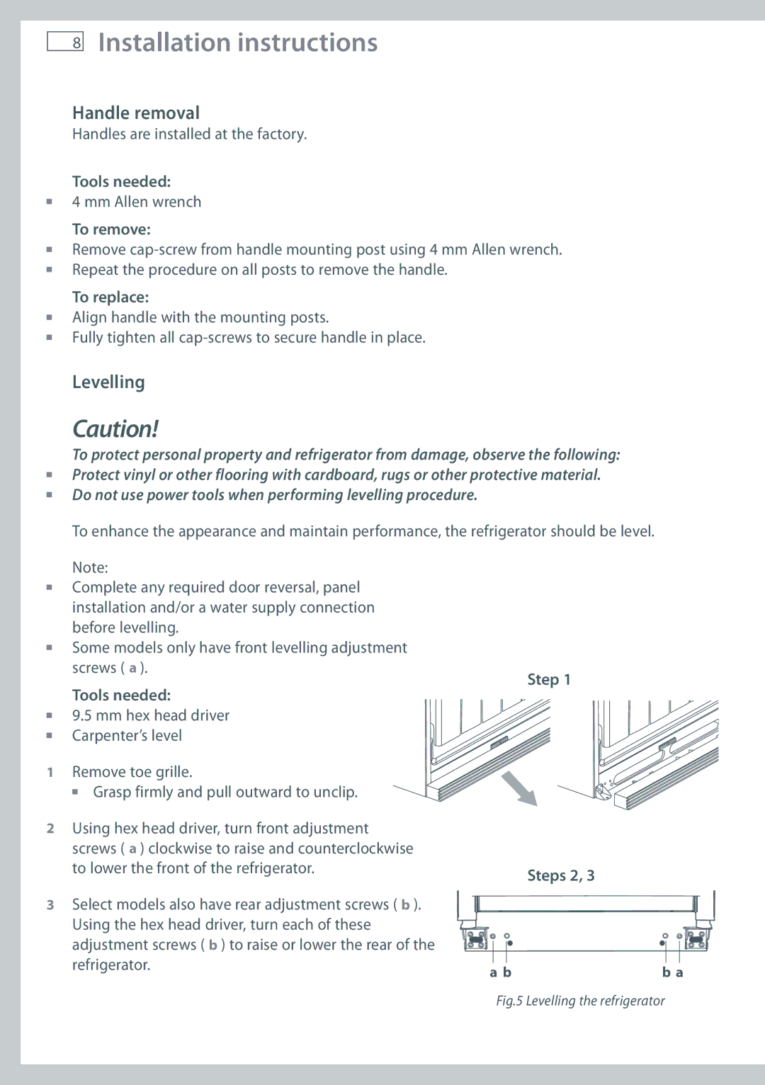 Fisher & Paykel RX616, RX693, RX594 installation instructions Handle removal, Levelling 