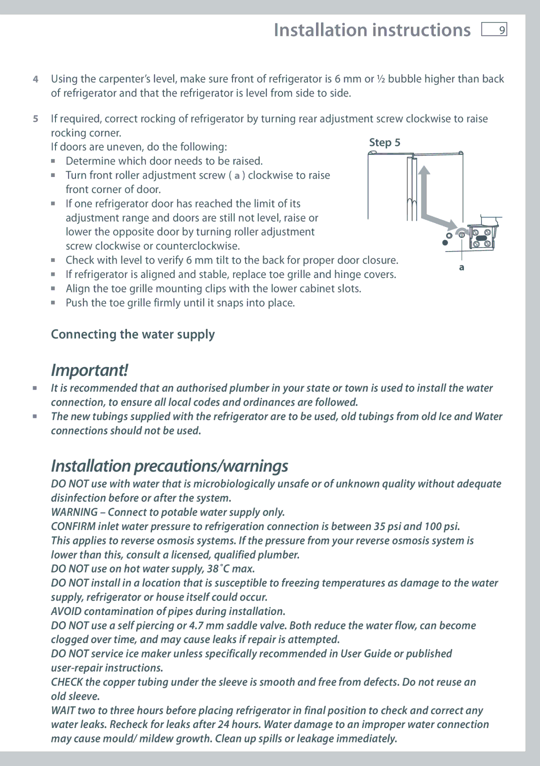 Fisher & Paykel RX594, RX693, RX616 installation instructions Installation precautions/warnings, Connecting the water supply 