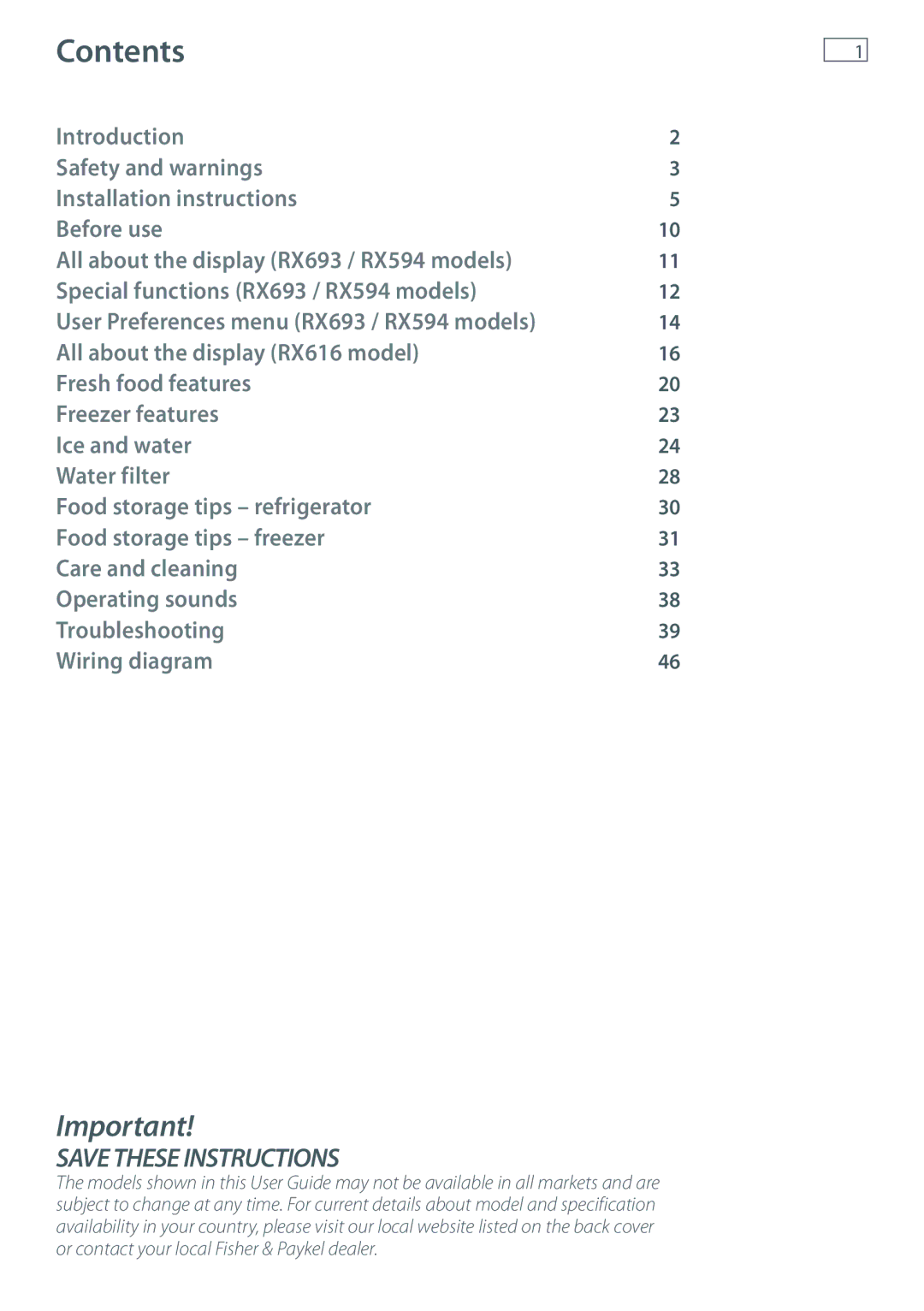 Fisher & Paykel RX693, RX616, RX594 installation instructions Contents 