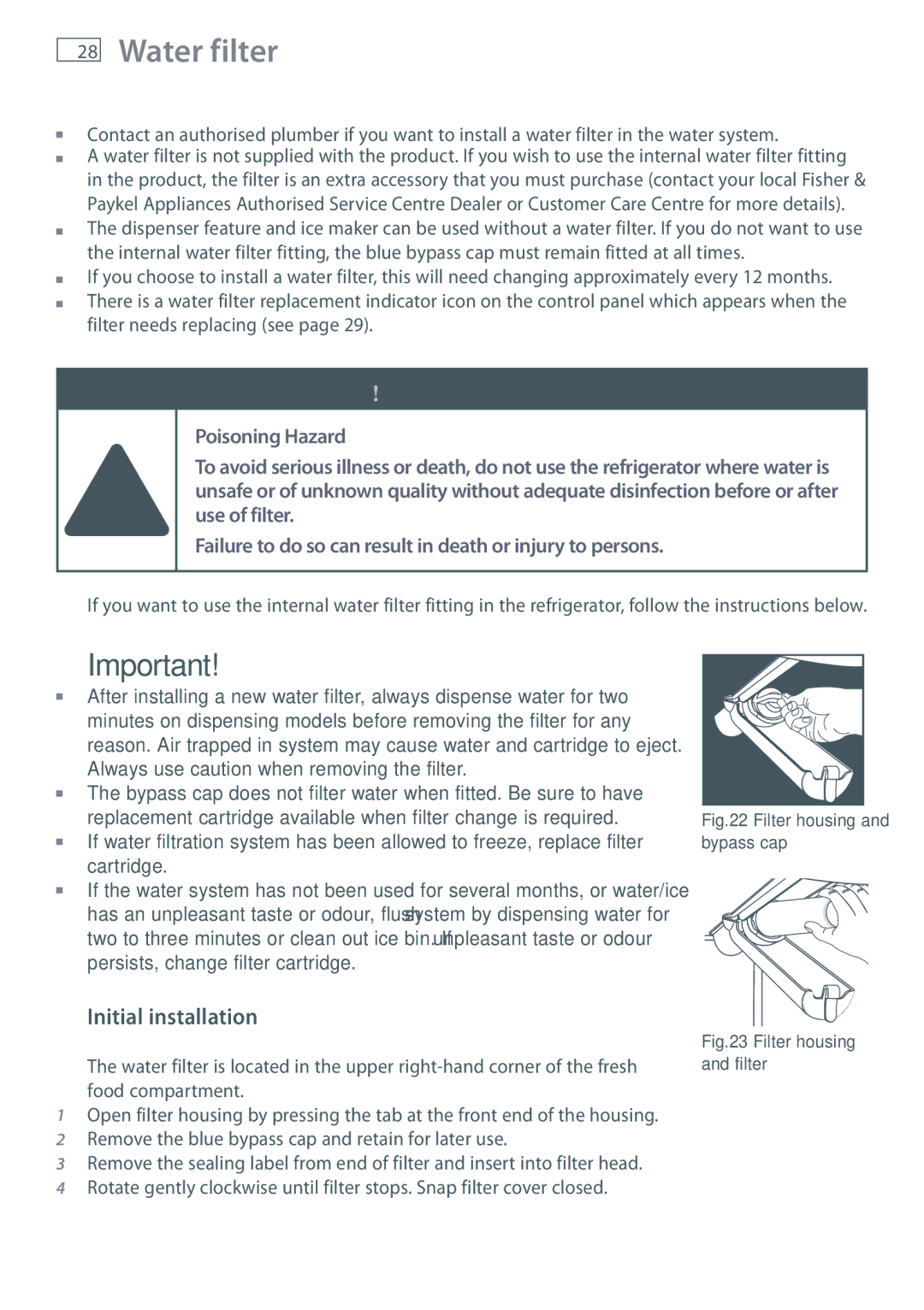 Fisher & Paykel RX693, RX616, RX594 installation instructions Water filter, Initial installation 