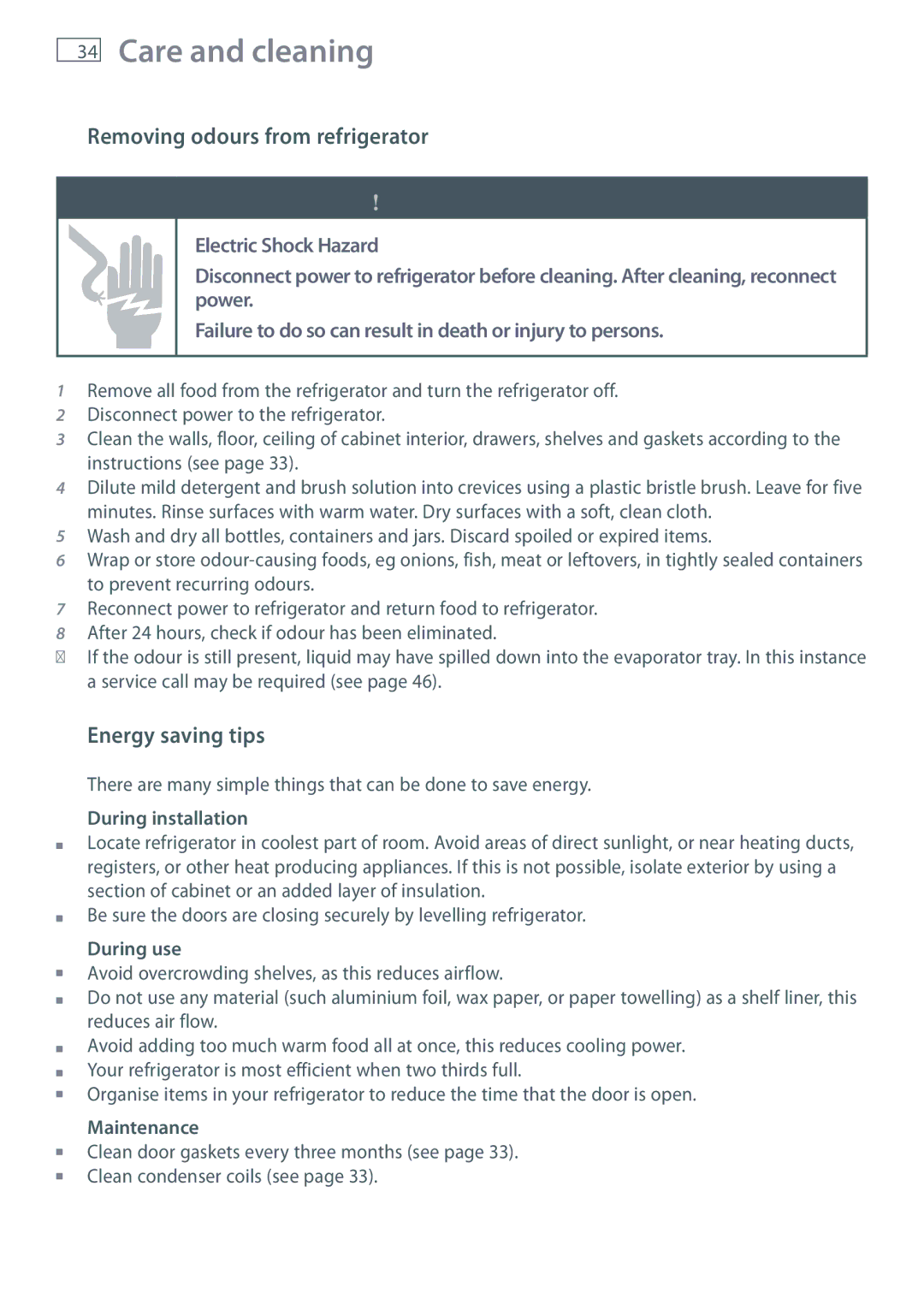 Fisher & Paykel RX693 Removing odours from refrigerator, Energy saving tips, During installation, During use, Maintenance 