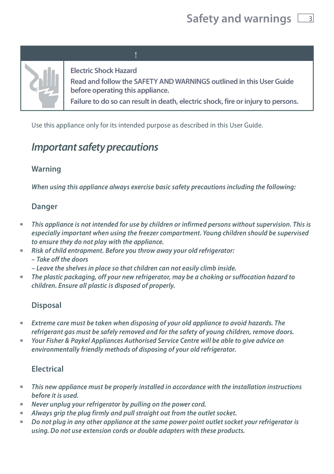 Fisher & Paykel RX594, RX693, RX616 installation instructions Safety and warnings, Disposal, Electrical 