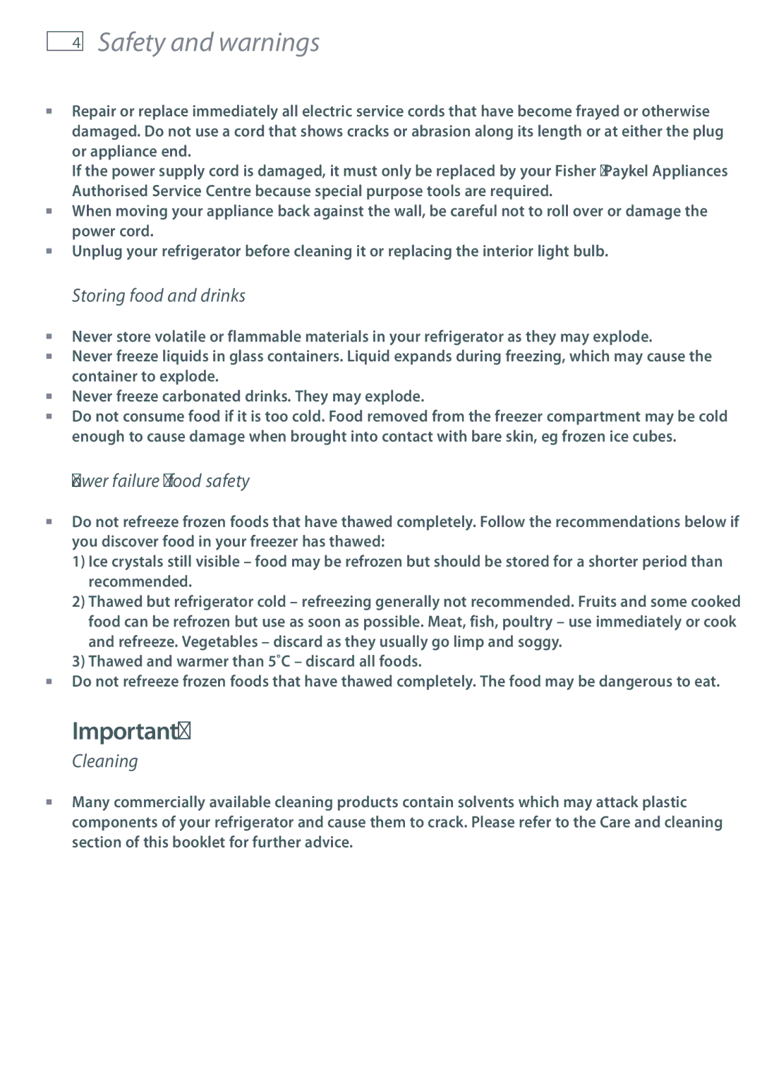 Fisher & Paykel RX693, RX616, RX594 installation instructions Storing food and drinks, Power failure food safety, Cleaning 