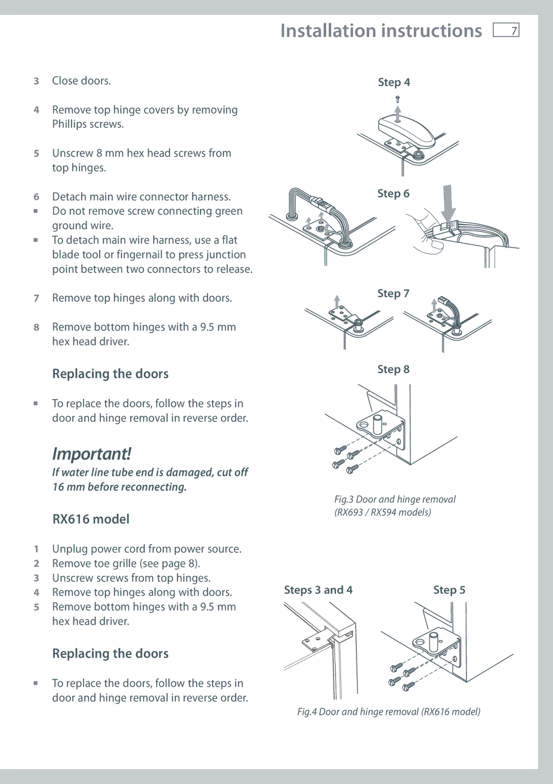 Fisher & Paykel RX693, RX594 installation instructions Replacing the doors, RX616 model, Steps 3 