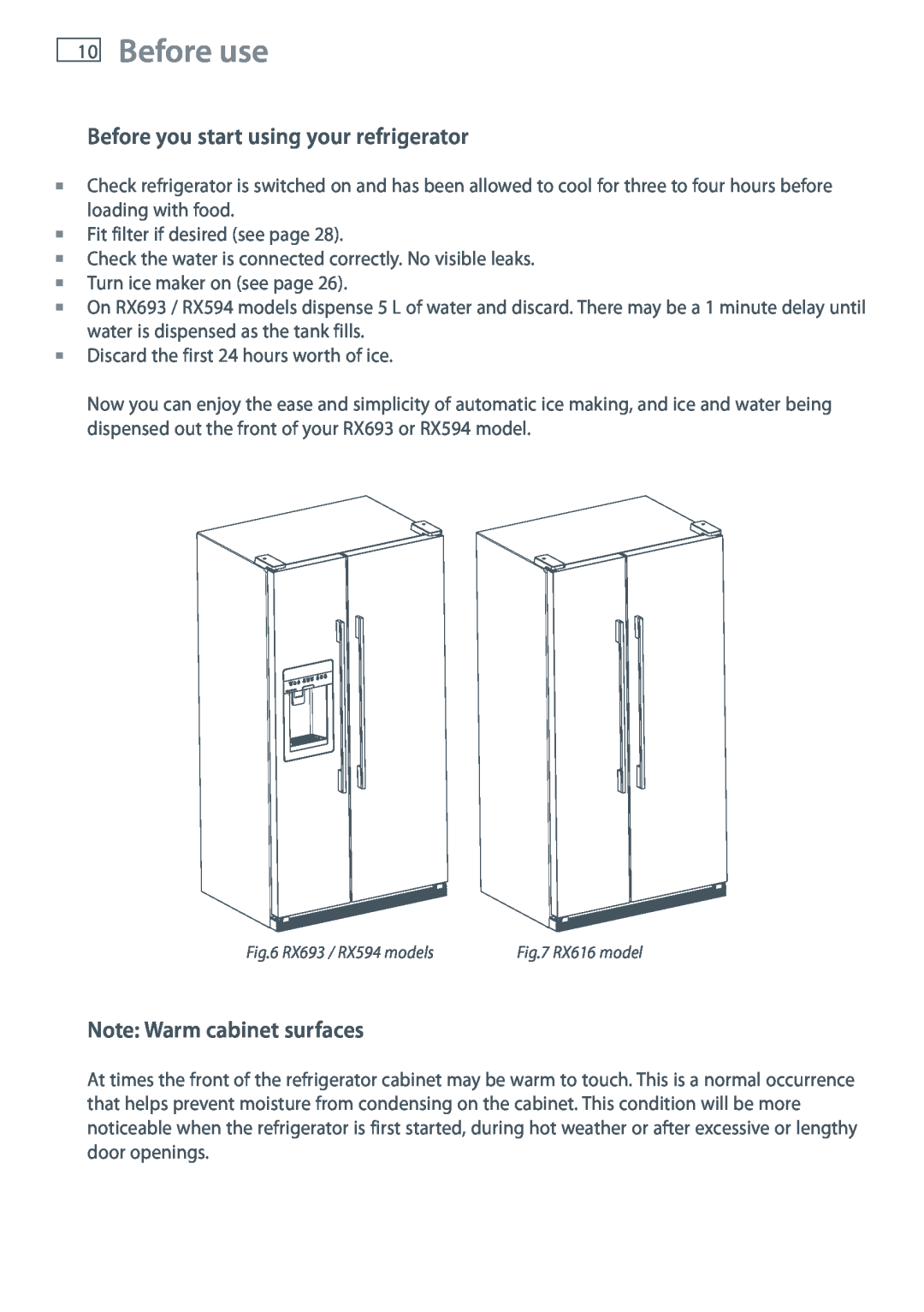Fisher & Paykel RX693, RX616, RX594 Before use, Before you start using your refrigerator, Note Warm cabinet surfaces 