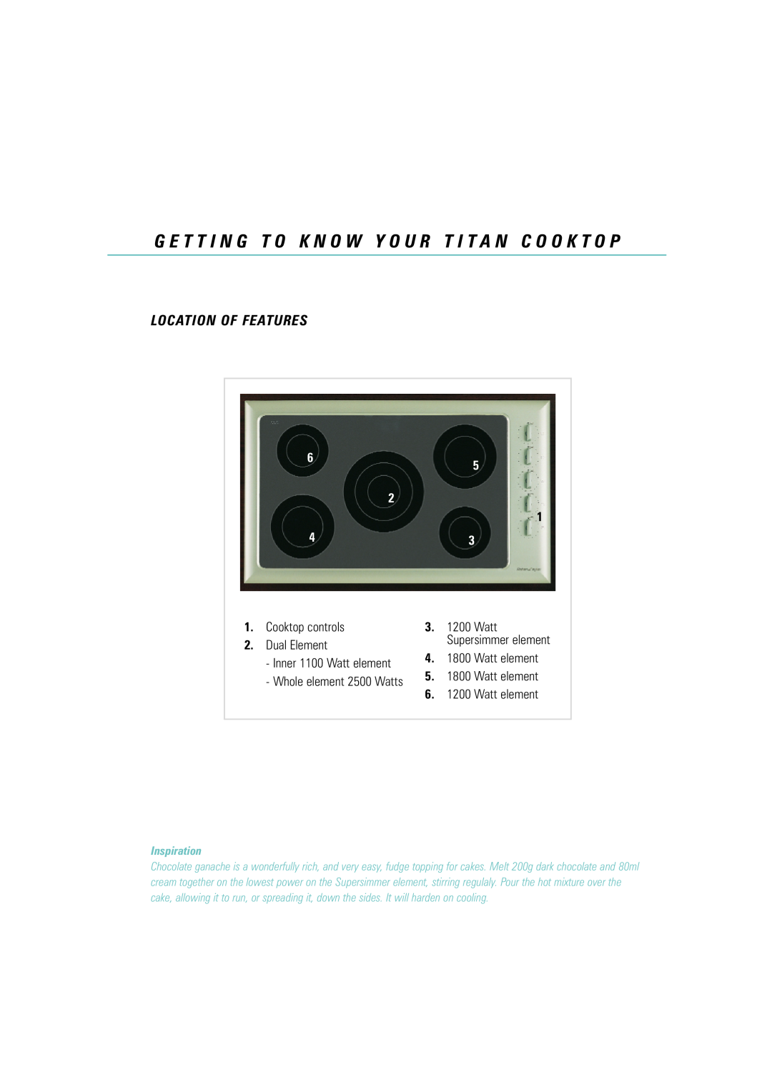 Fisher & Paykel Titan manual Location Of Features, 6 5, Cooktop controls, Dual Element, Inner 1100 Watt element 