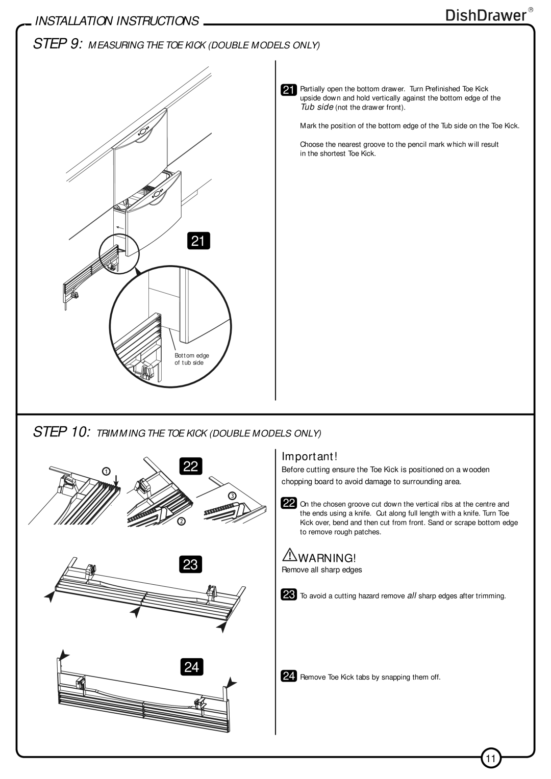 Fisher & Paykel V3 DD6031, V3 DS603 Measuring the TOE Kick Double Models only, Trimming the TOE Kick Double Models only 