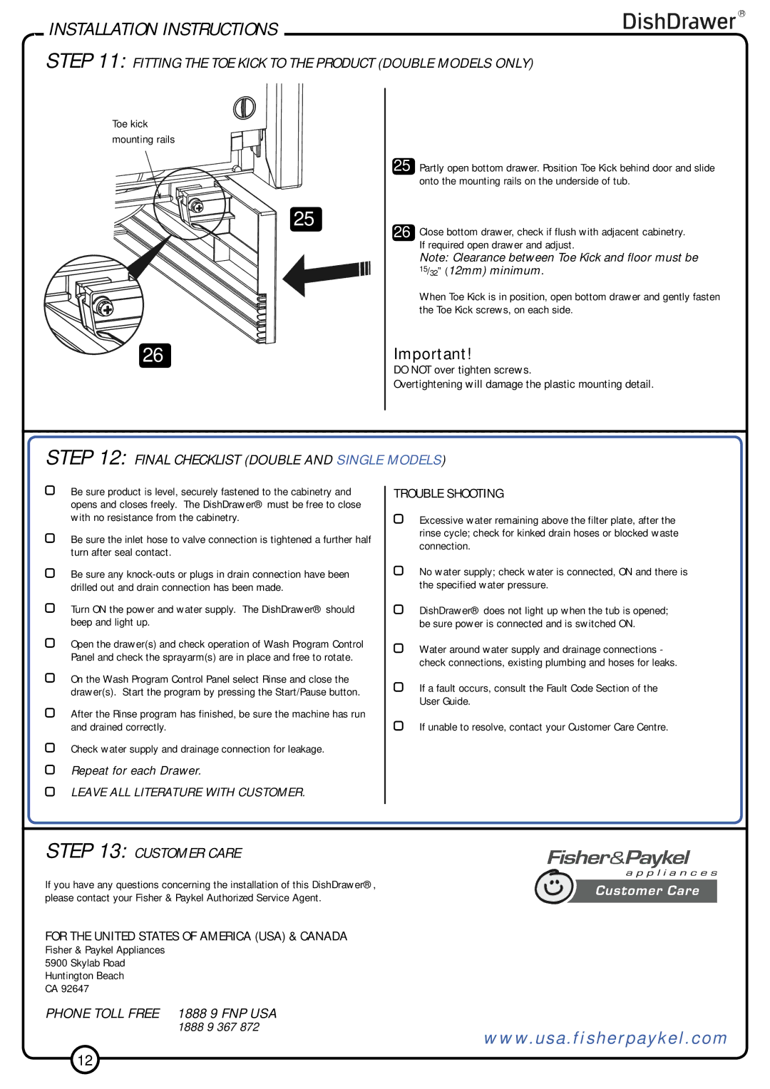 Fisher & Paykel V3 DD6031, V3 DS6031 Final Checklist Double and Single Models, Customer Care, Trouble Shooting 