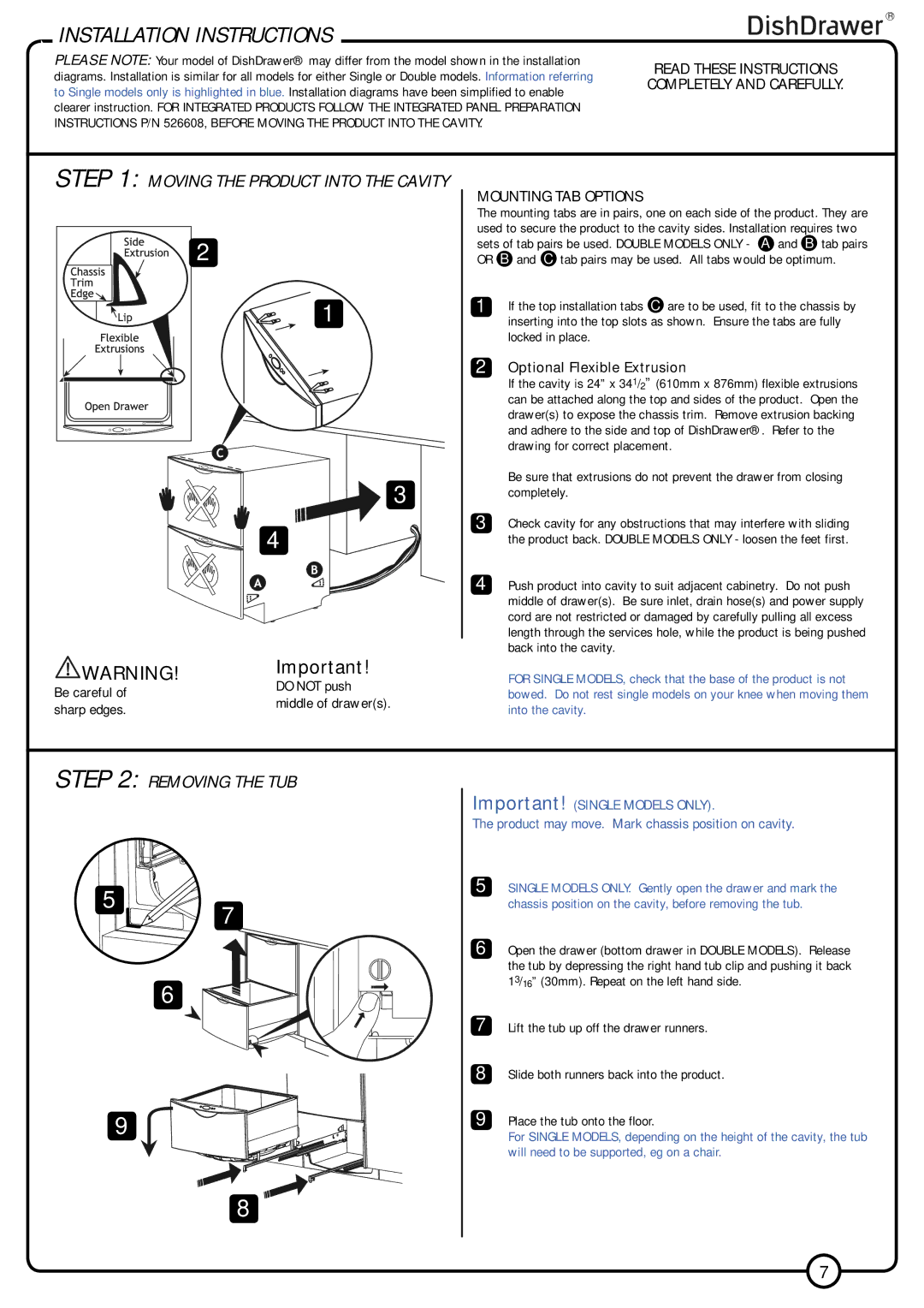 Fisher & Paykel V3 DD6031, V3 DS6031 Installation Instructions, Removing the TUB, Mounting TAB Options 