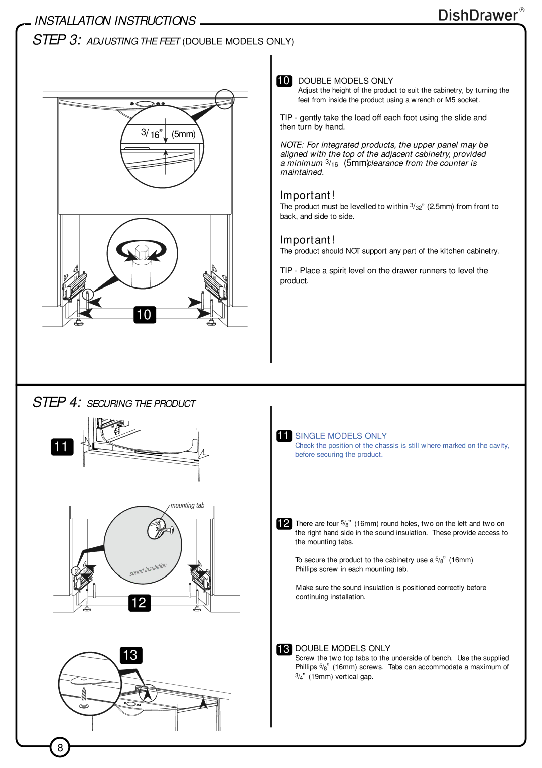 Fisher & Paykel V3 DD6031, V3 DS6031 installation instructions Securing the Product, Adjusting the Feet Double Models only 