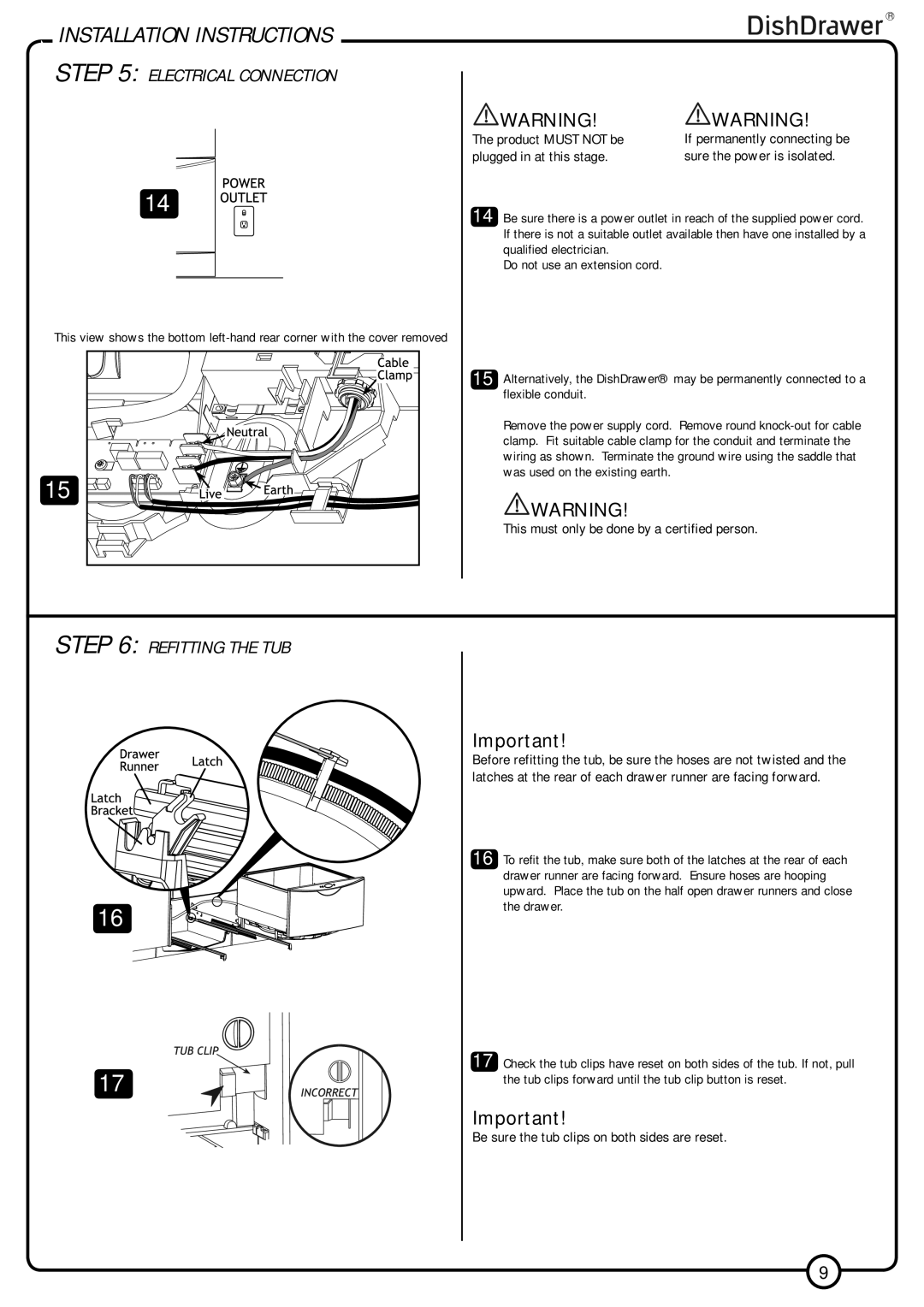 Fisher & Paykel V3 DS6031, V3 DD6031 installation instructions Electrical Connection, Refitting the TUB 