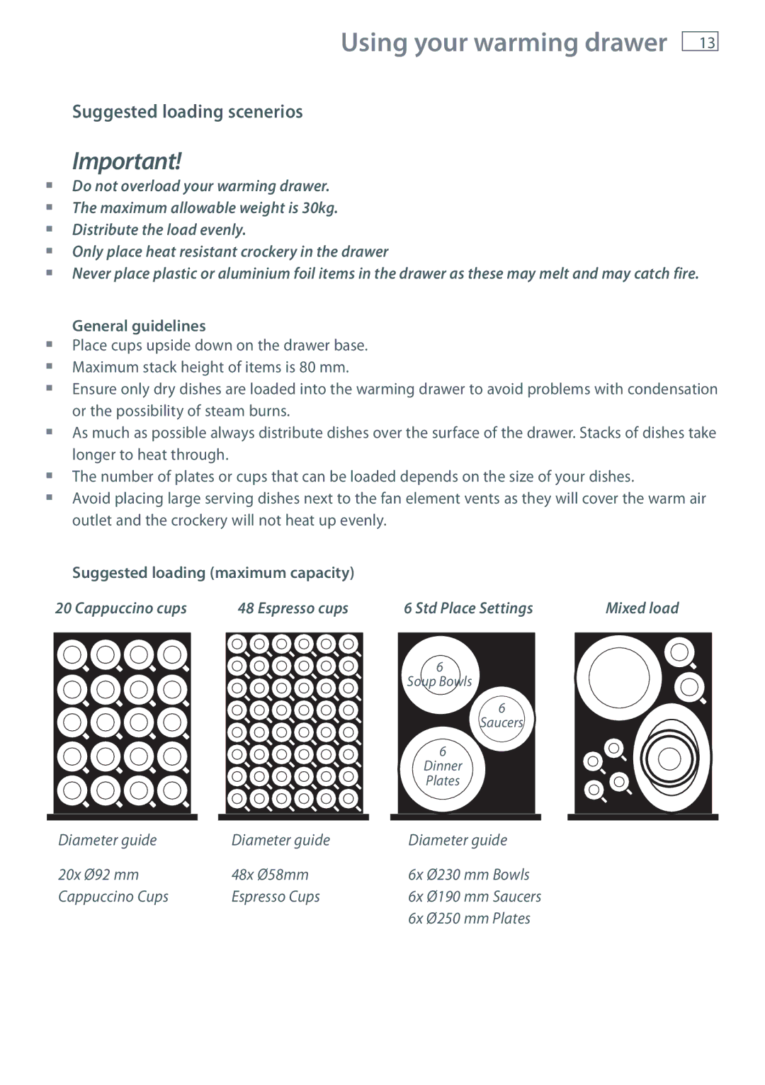 Fisher & Paykel W860SD manual Suggested loading scenerios, General guidelines, Suggested loading maximum capacity 