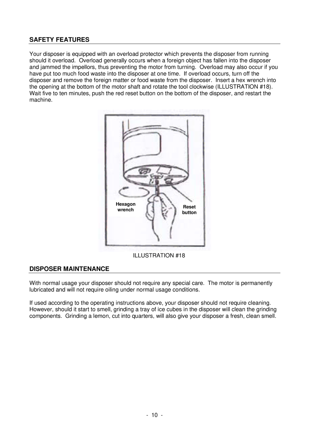 Fisher & Paykel WD1001 manual Safety Features, Disposer Maintenance, Illustration #18 