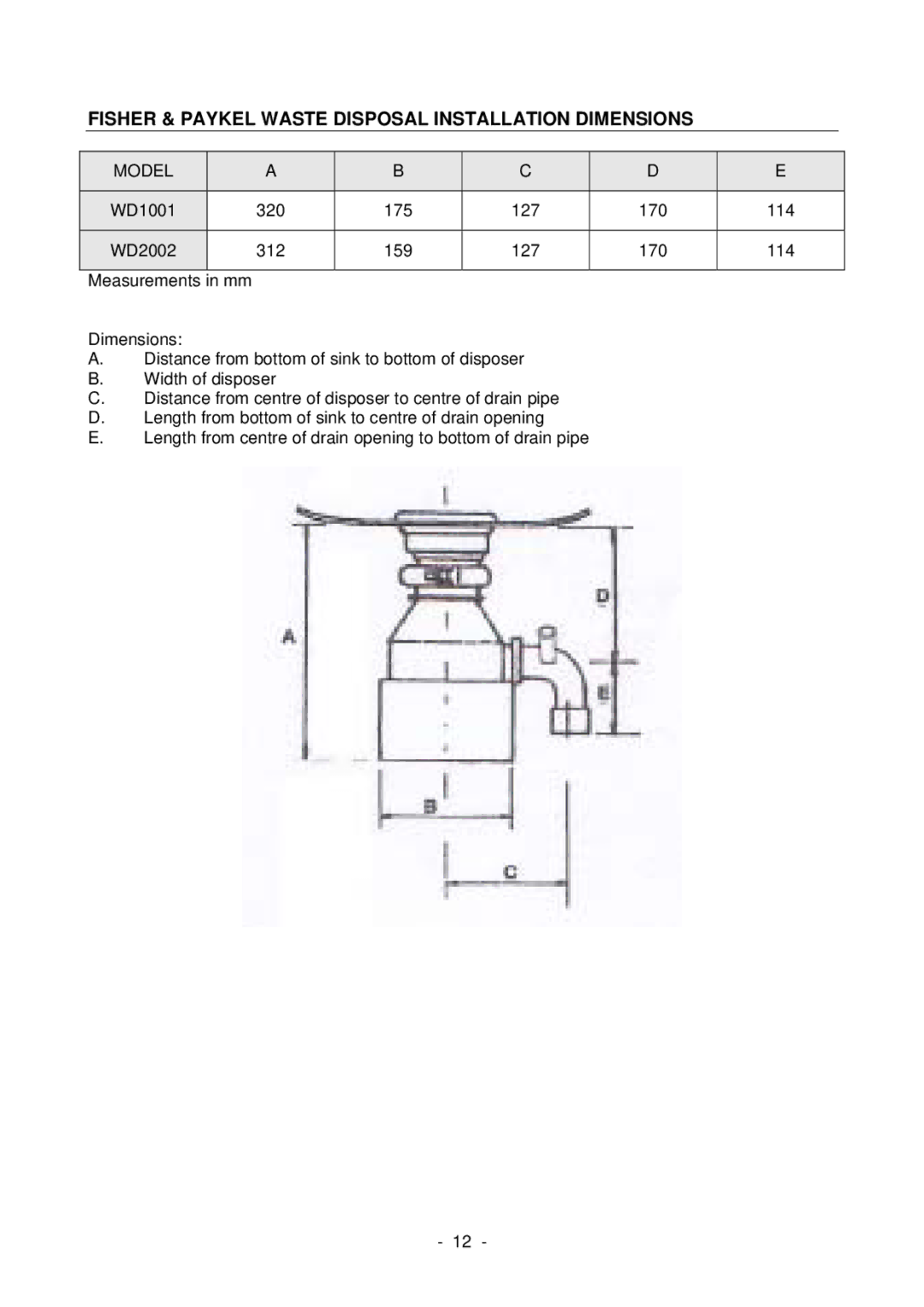 Fisher & Paykel WD1001 manual Fisher & Paykel Waste Disposal Installation Dimensions, Model 