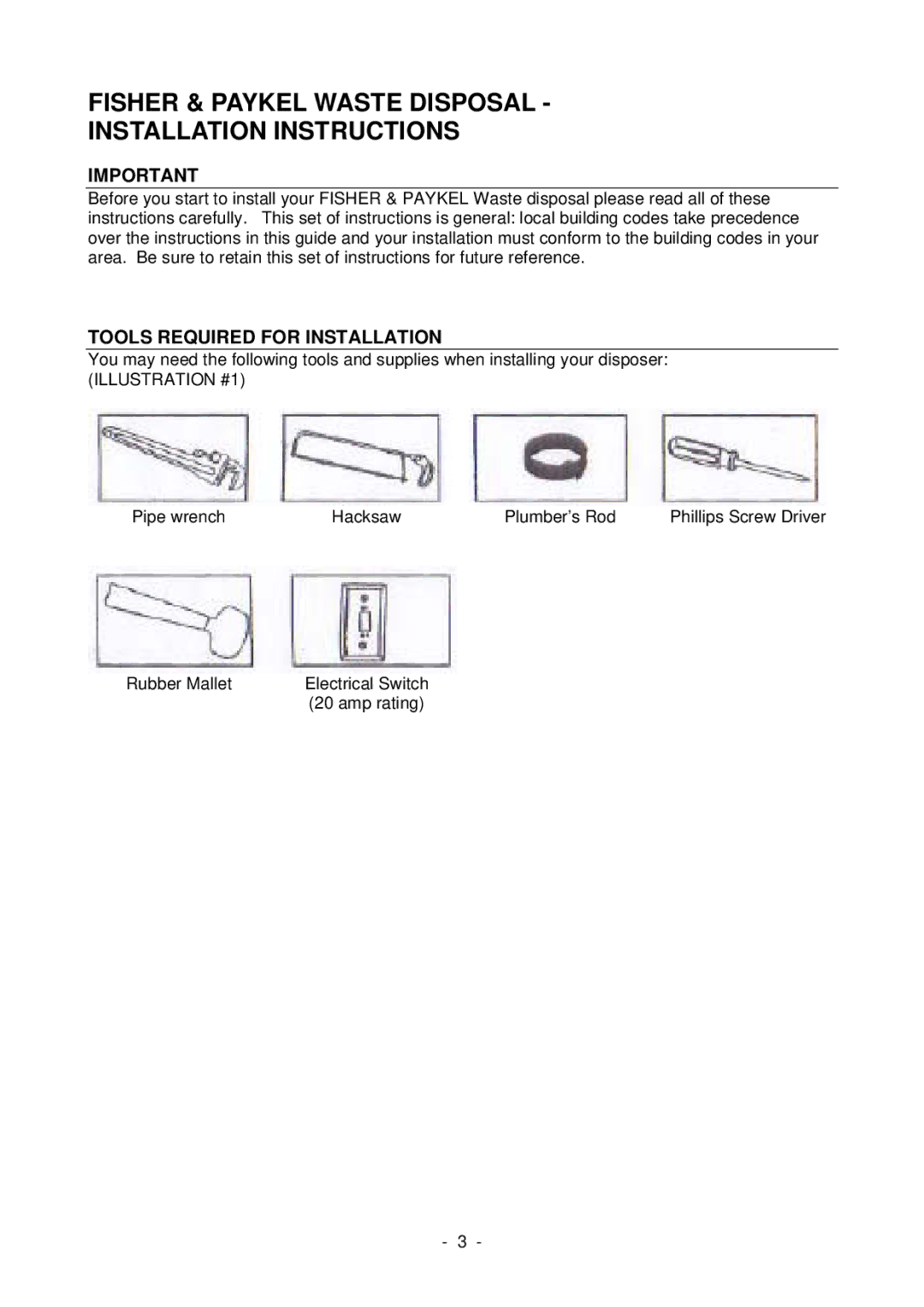 Fisher & Paykel WD1001 manual Fisher & Paykel Waste Disposal Installation Instructions, Tools Required for Installation 