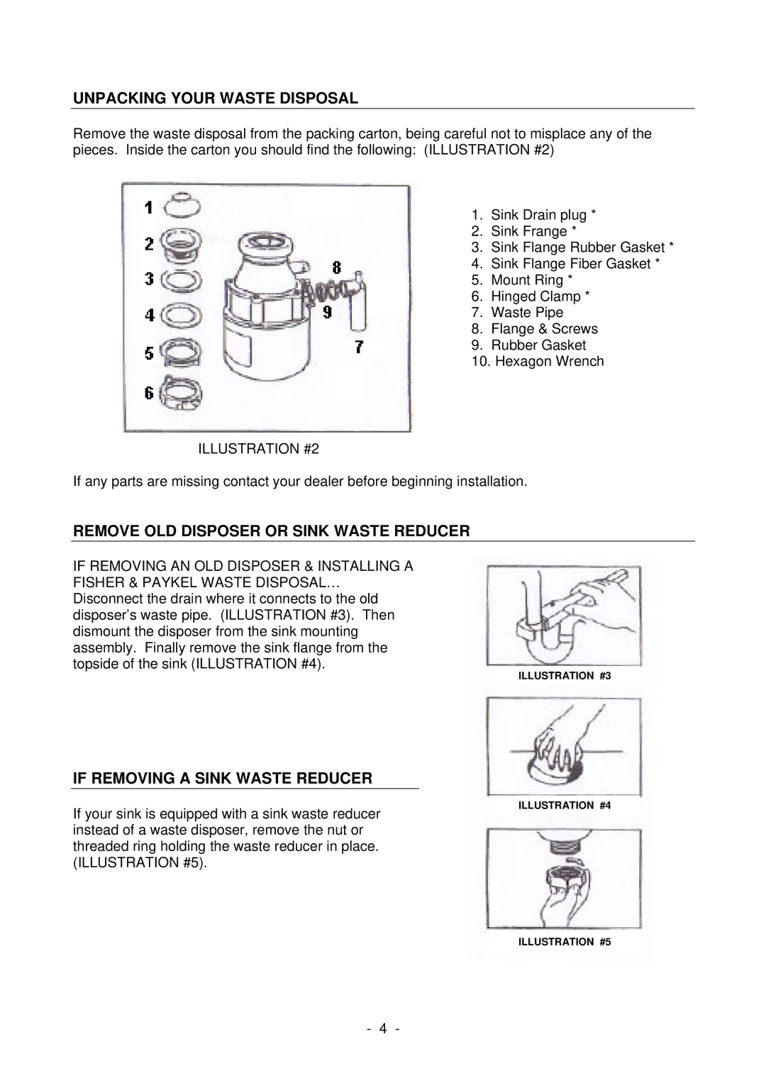 Fisher & Paykel WD1001 manual Unpacking Your Waste Disposal, Remove OLD Disposer or Sink Waste Reducer, Illustration #2 