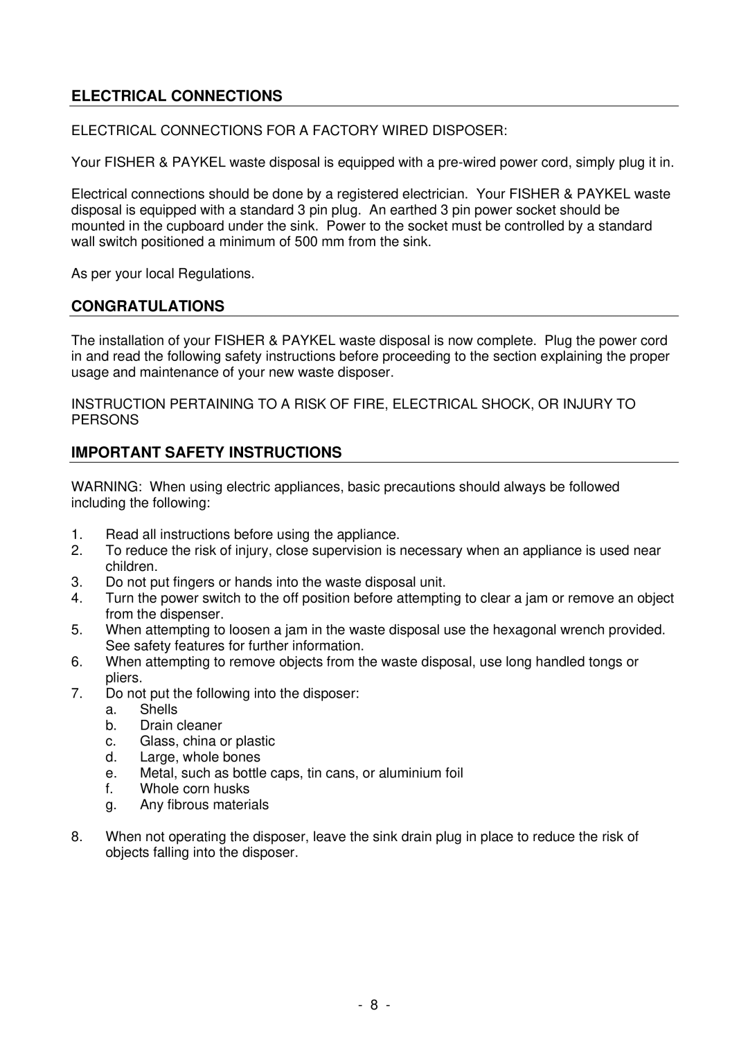 Fisher & Paykel WD1001 manual Electrical Connections, Congratulations, Important Safety Instructions 