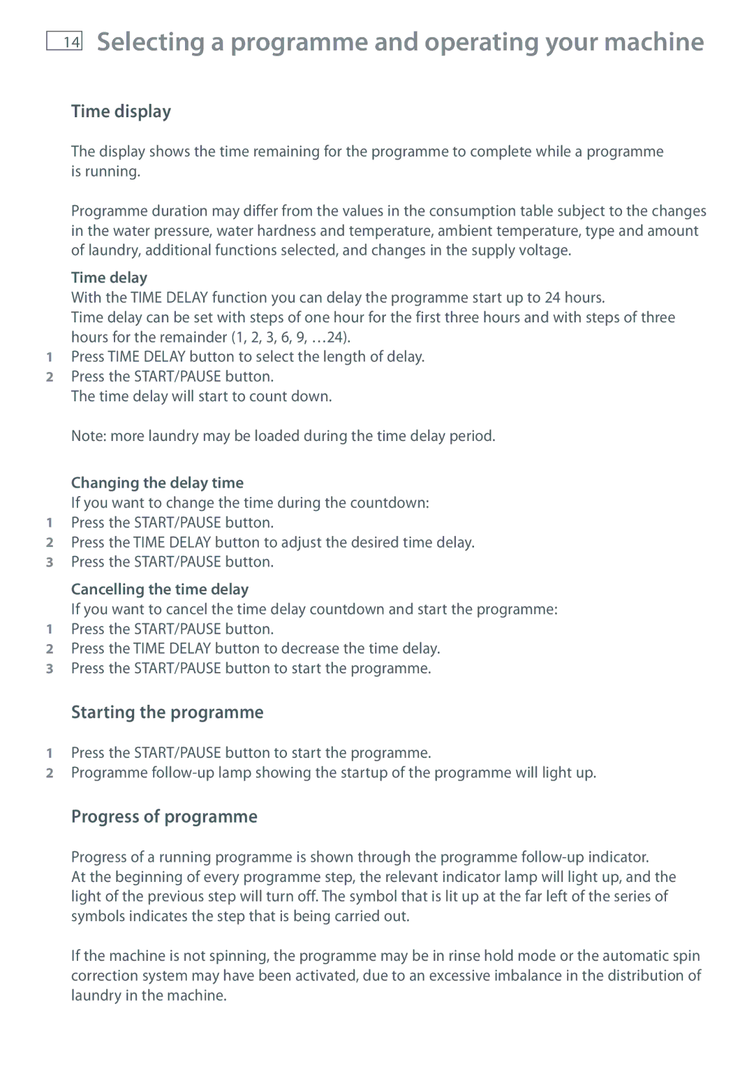 Fisher & Paykel WH80F60W, WH60F60W, WH70F60W Time display, Starting the programme, Progress of programme 