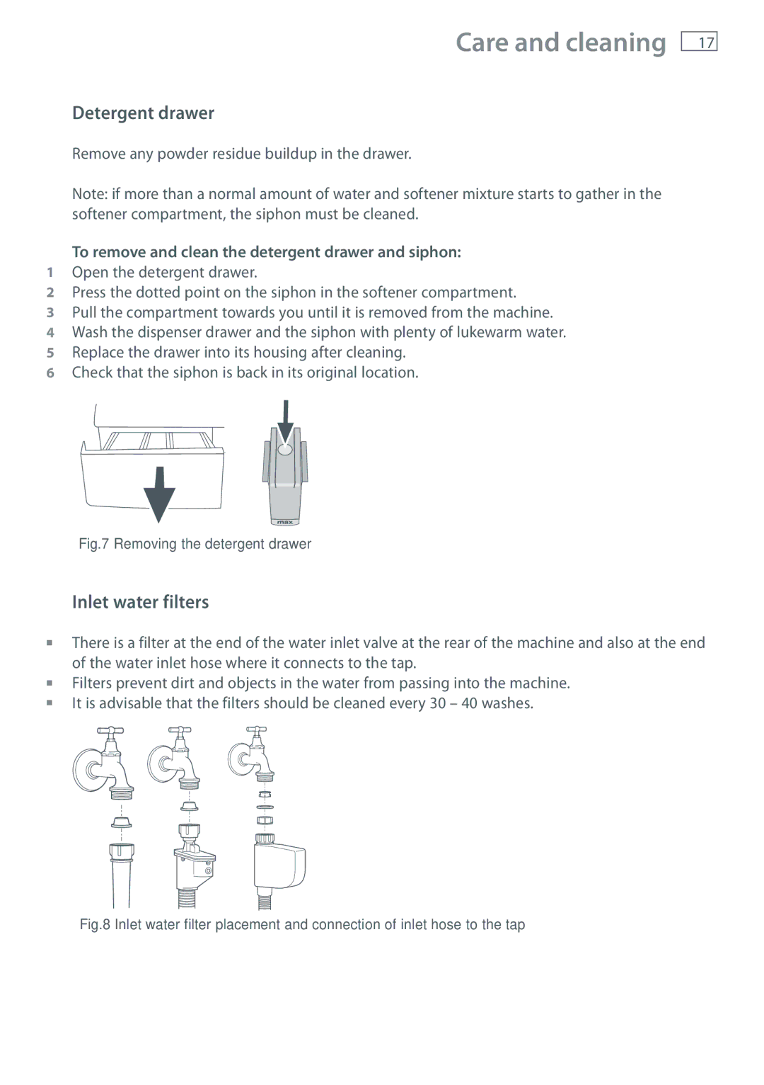 Fisher & Paykel WH80F60W, WH60F60W, WH70F60W Care and cleaning, Detergent drawer, Inlet water filters 