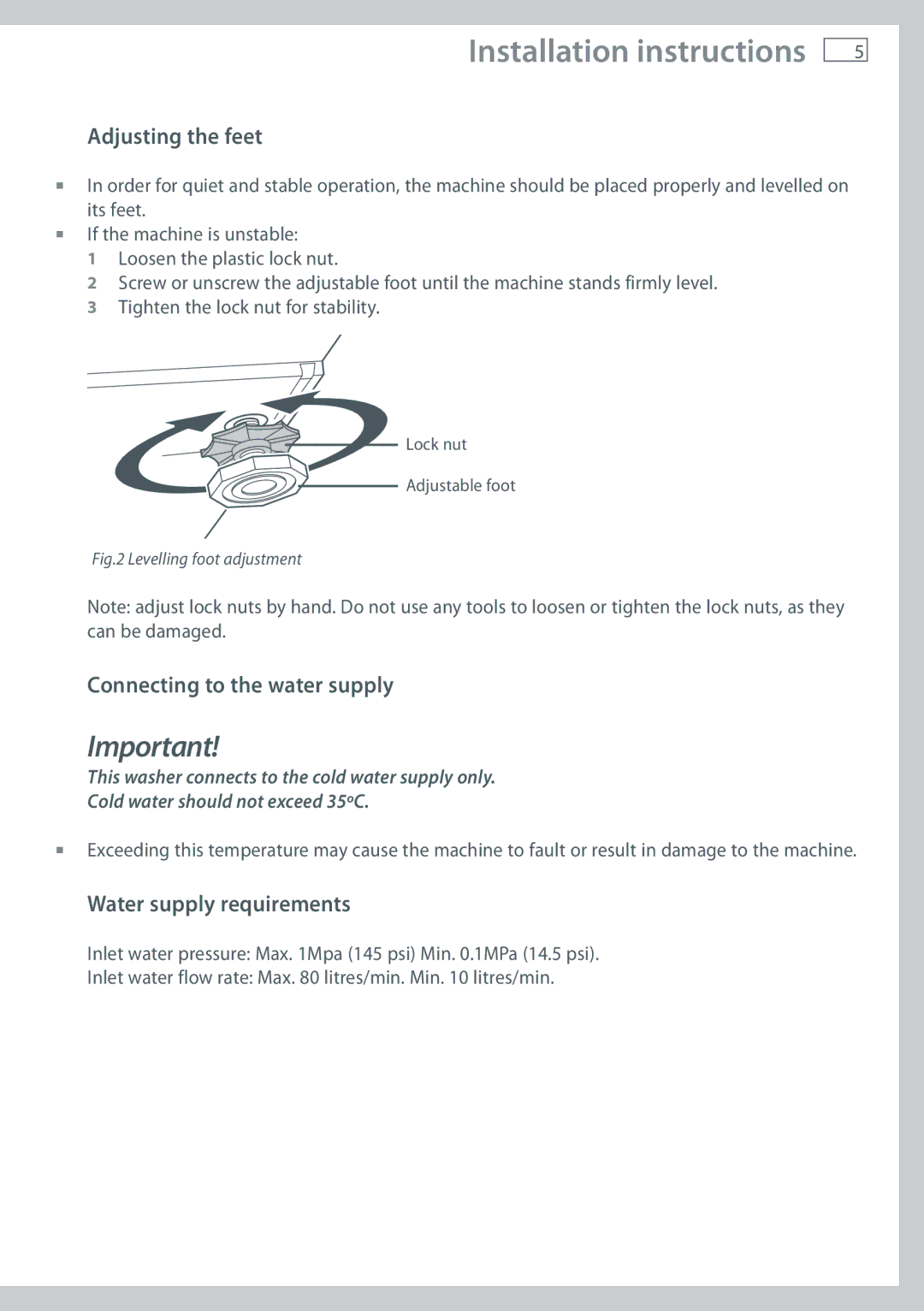 Fisher & Paykel WH80F60W, WH60F60W, WH70F60W Adjusting the feet, Connecting to the water supply, Water supply requirements 