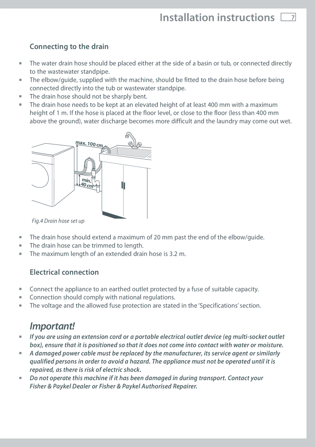 Fisher & Paykel WH60F60W, WH80F60W, WH70F60W installation instructions Connecting to the drain, Electrical connection 