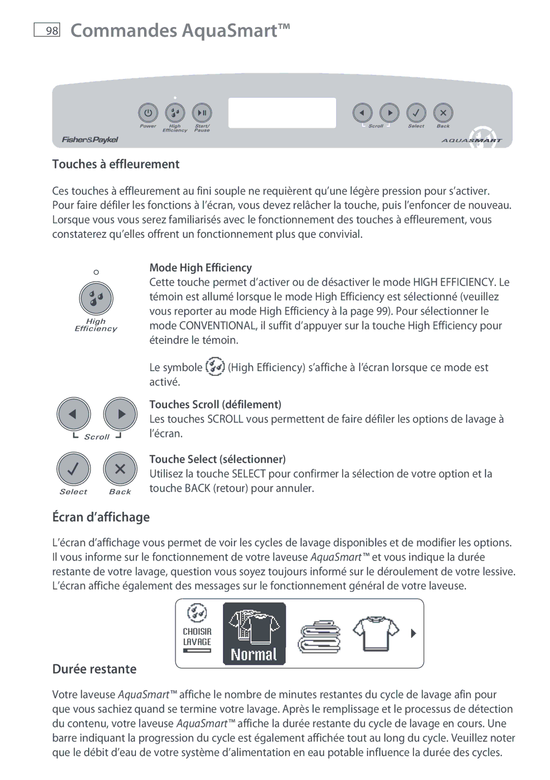 Fisher & Paykel WL26C, WL37T26C installation instructions Commandes AquaSmart, Écran d’affichage, Durée restante 