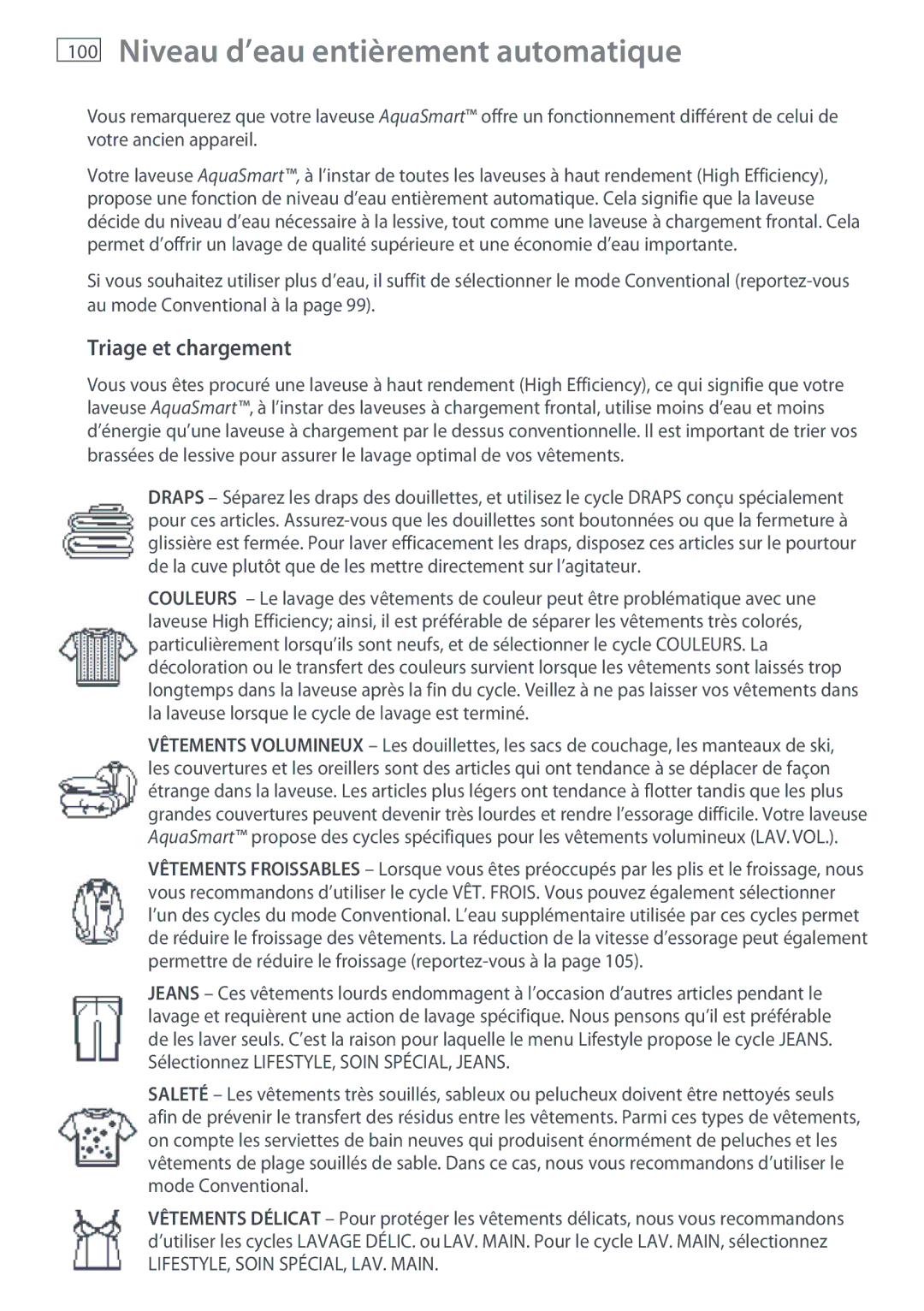 Fisher & Paykel WL26C, WL37T26C installation instructions Niveau d’eau entièrement automatique, Triage et chargement, 100 