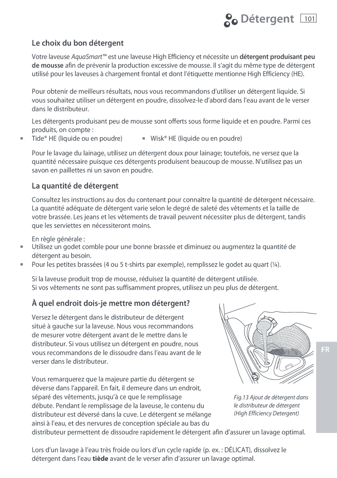 Fisher & Paykel WL37T26C, WL26C installation instructions Détergent, Le choix du bon détergent, La quantité de détergent 