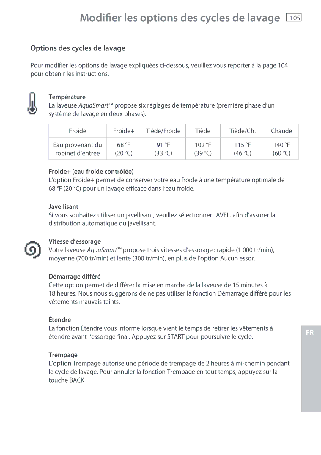 Fisher & Paykel WL37T26C, WL26C installation instructions Options des cycles de lavage 