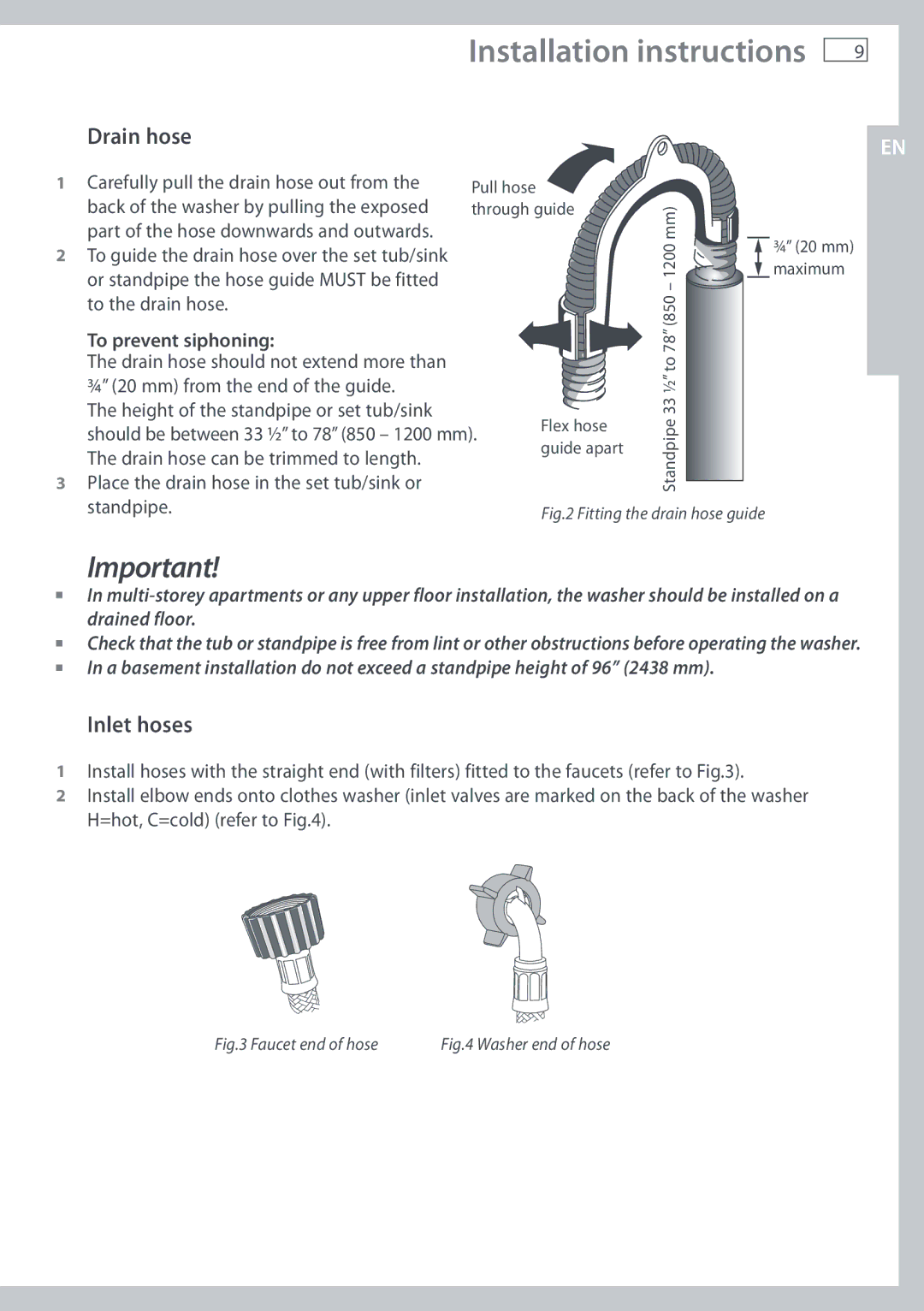 Fisher & Paykel WL37T26C, WL26C installation instructions Drain hose, To prevent siphoning 