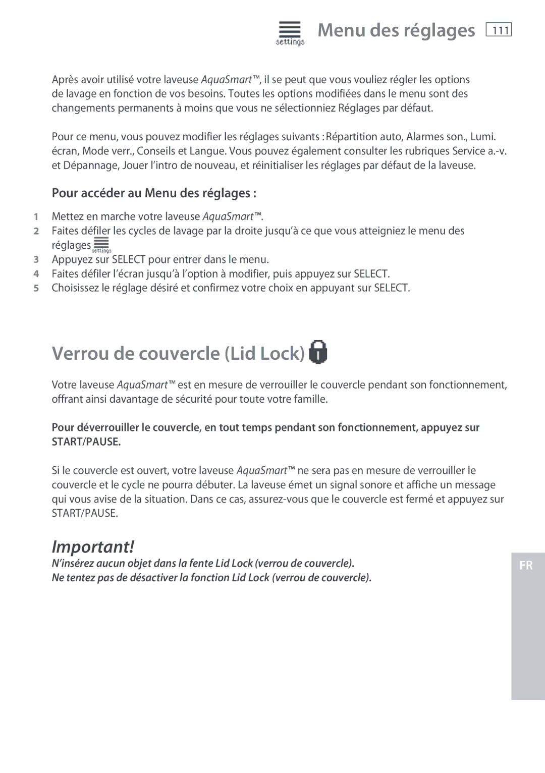 Fisher & Paykel WL37T26C, WL26C Verrou de couvercle Lid Lock, Pour accéder au Menu des réglages, 111 