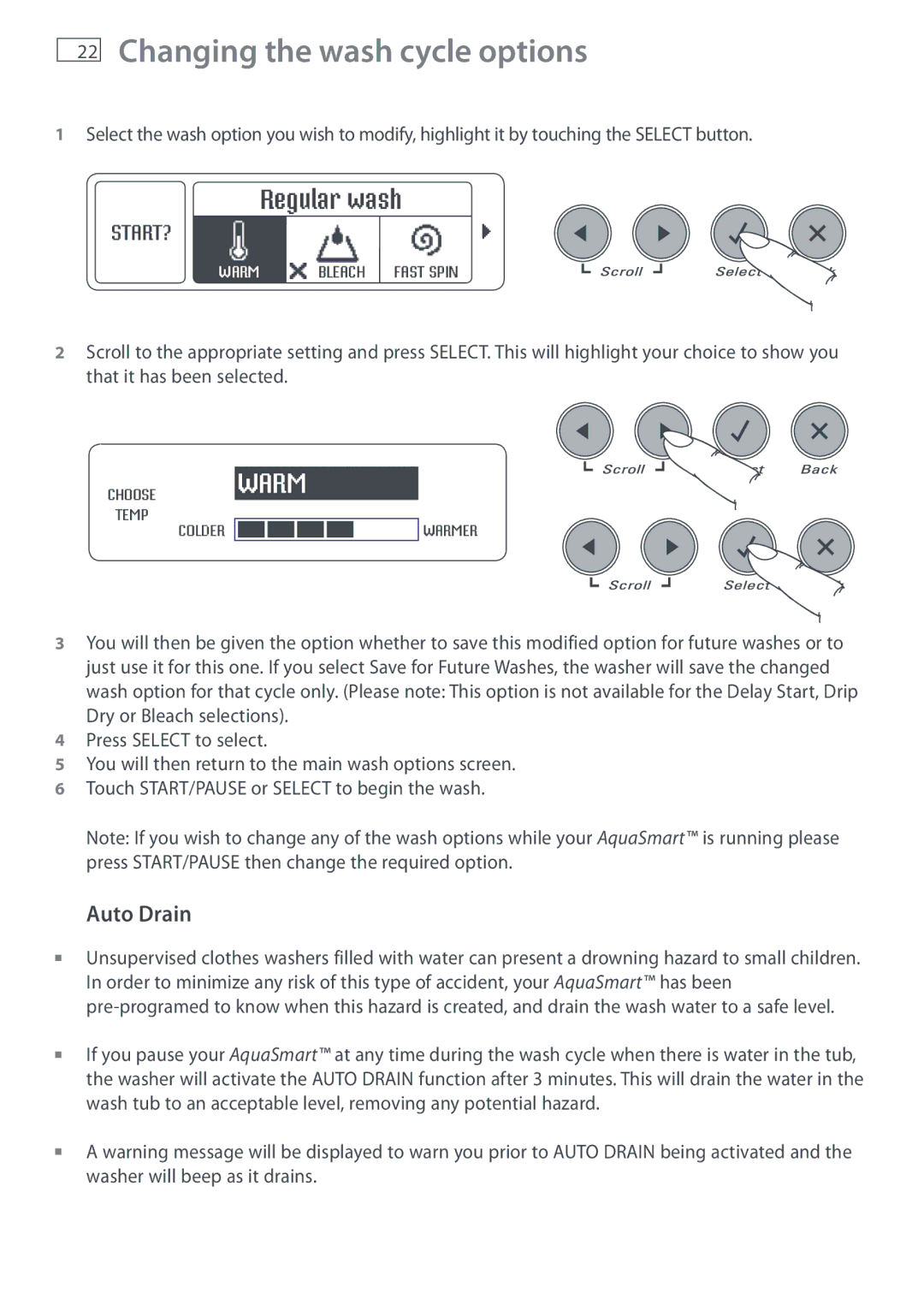 Fisher & Paykel WL26C, WL37T26C installation instructions Changing the wash cycle options, Auto Drain 