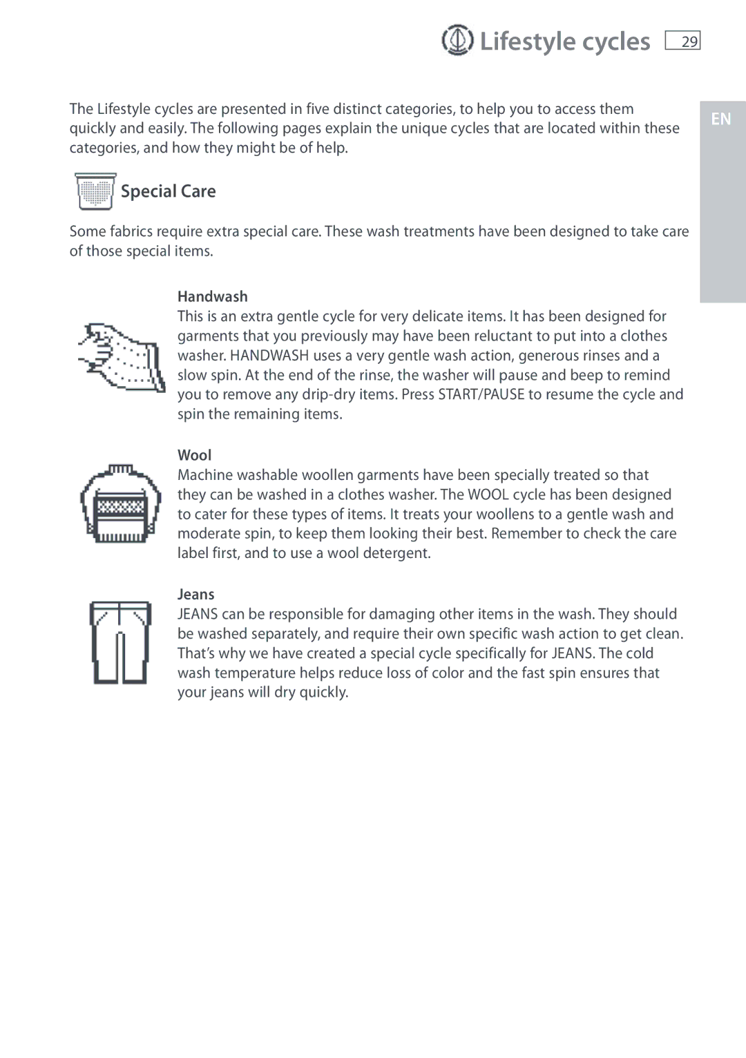 Fisher & Paykel WL37T26C, WL26C installation instructions Special Care, Handwash, Wool, Jeans 