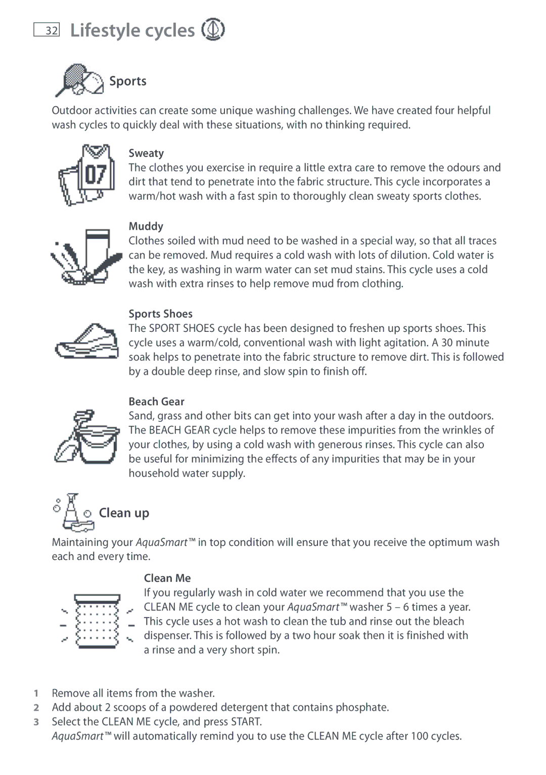 Fisher & Paykel WL26C, WL37T26C installation instructions Sports, Clean up 