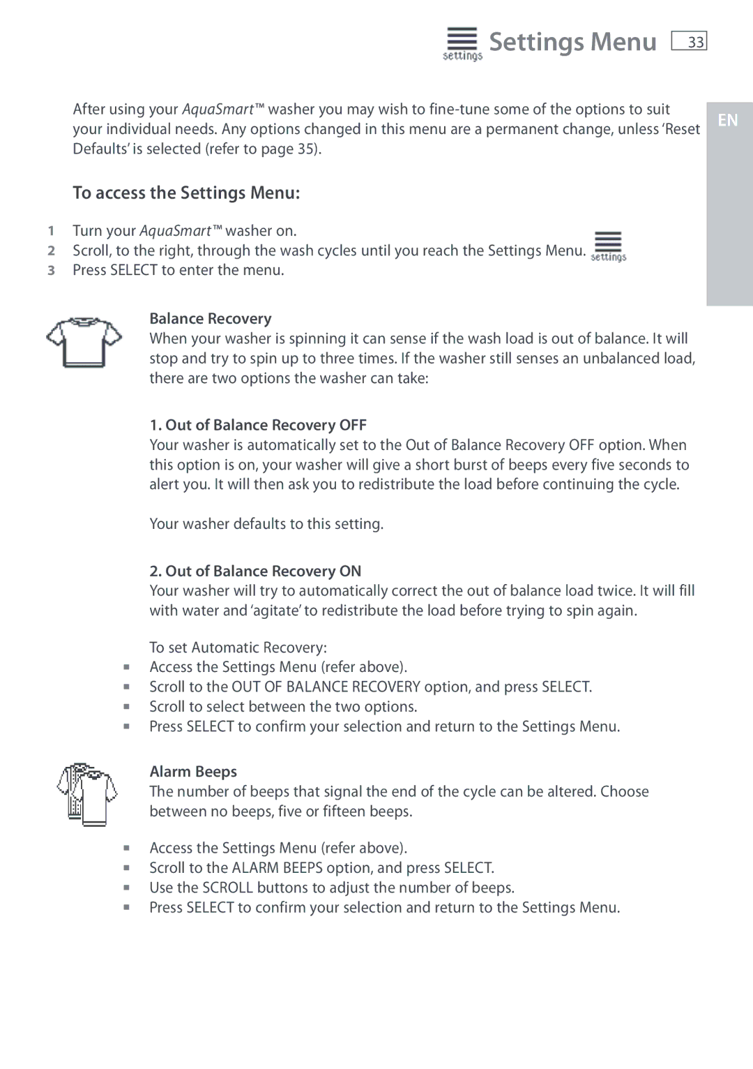 Fisher & Paykel WL37T26C, WL26C installation instructions To access the Settings Menu 