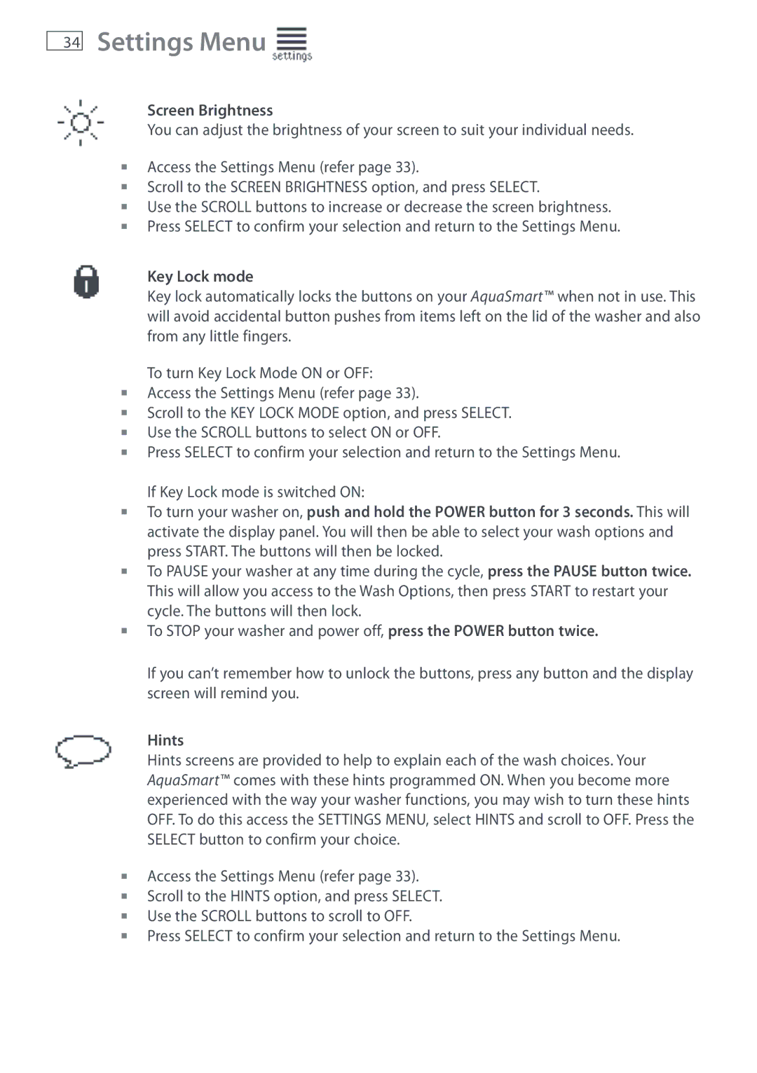 Fisher & Paykel WL26C, WL37T26C installation instructions Screen Brightness, Key Lock mode, Hints 