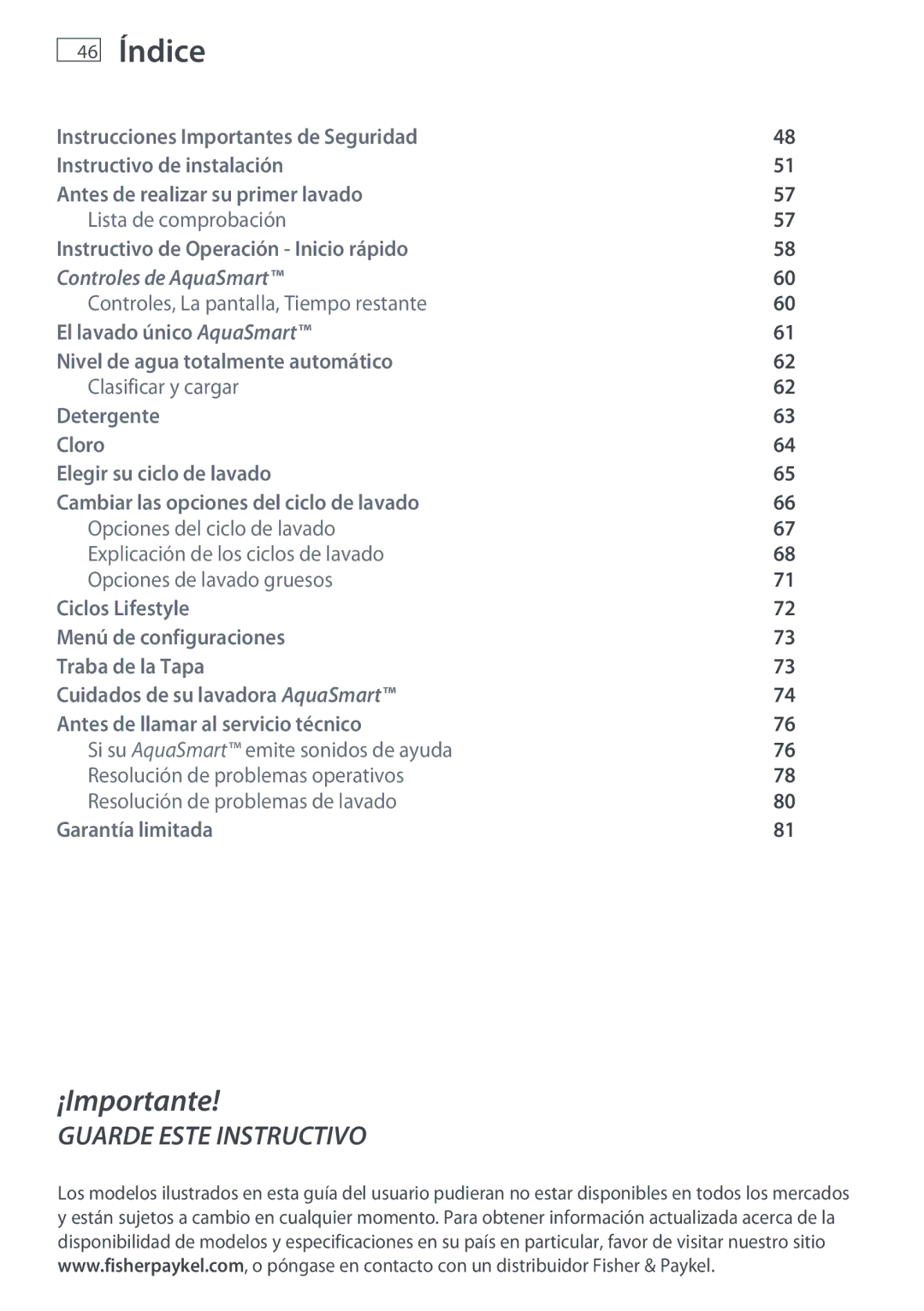 Fisher & Paykel WL26C, WL37T26C installation instructions Índice 