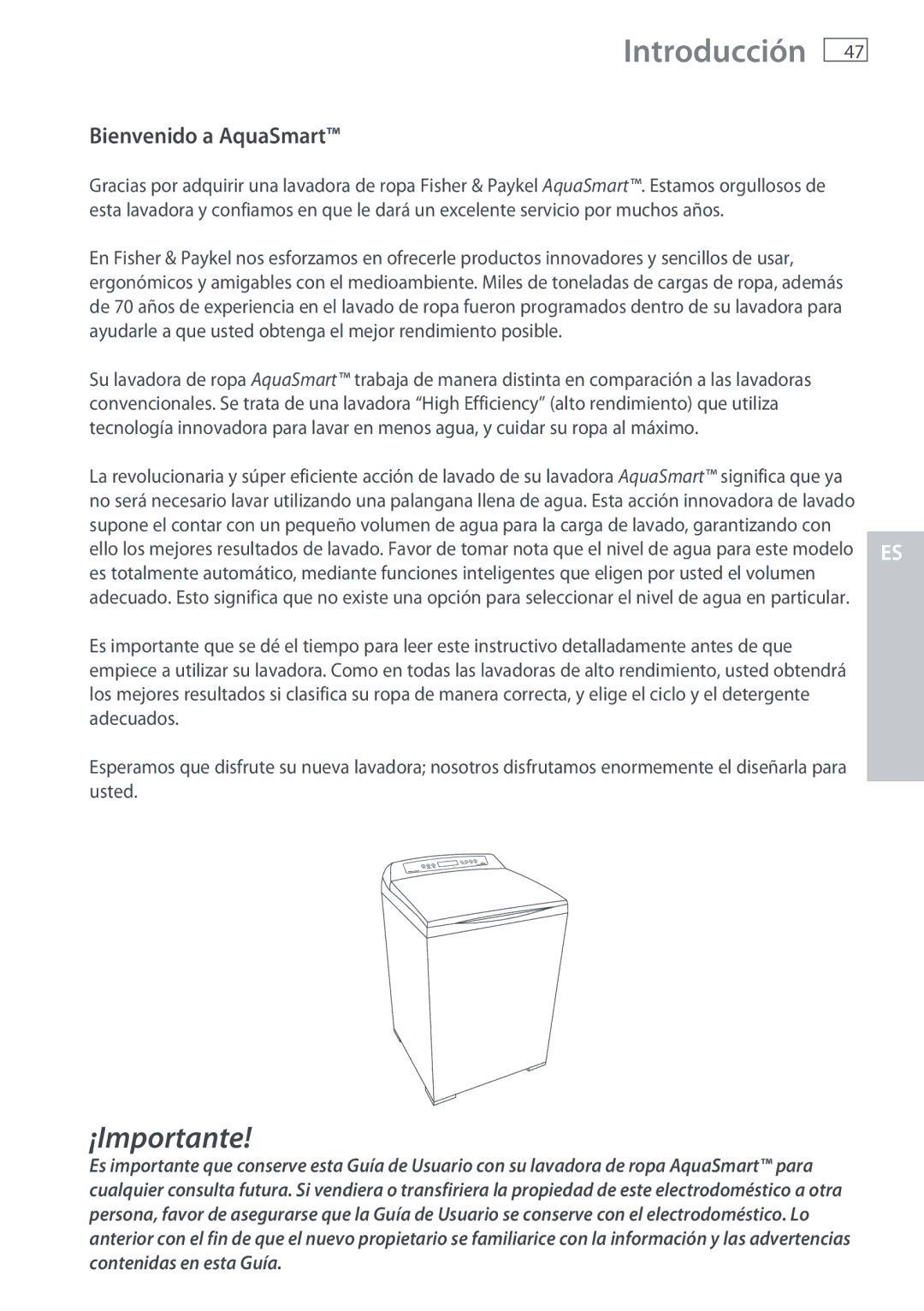 Fisher & Paykel WL37T26C, WL26C installation instructions Introducción, Bienvenido a AquaSmart 